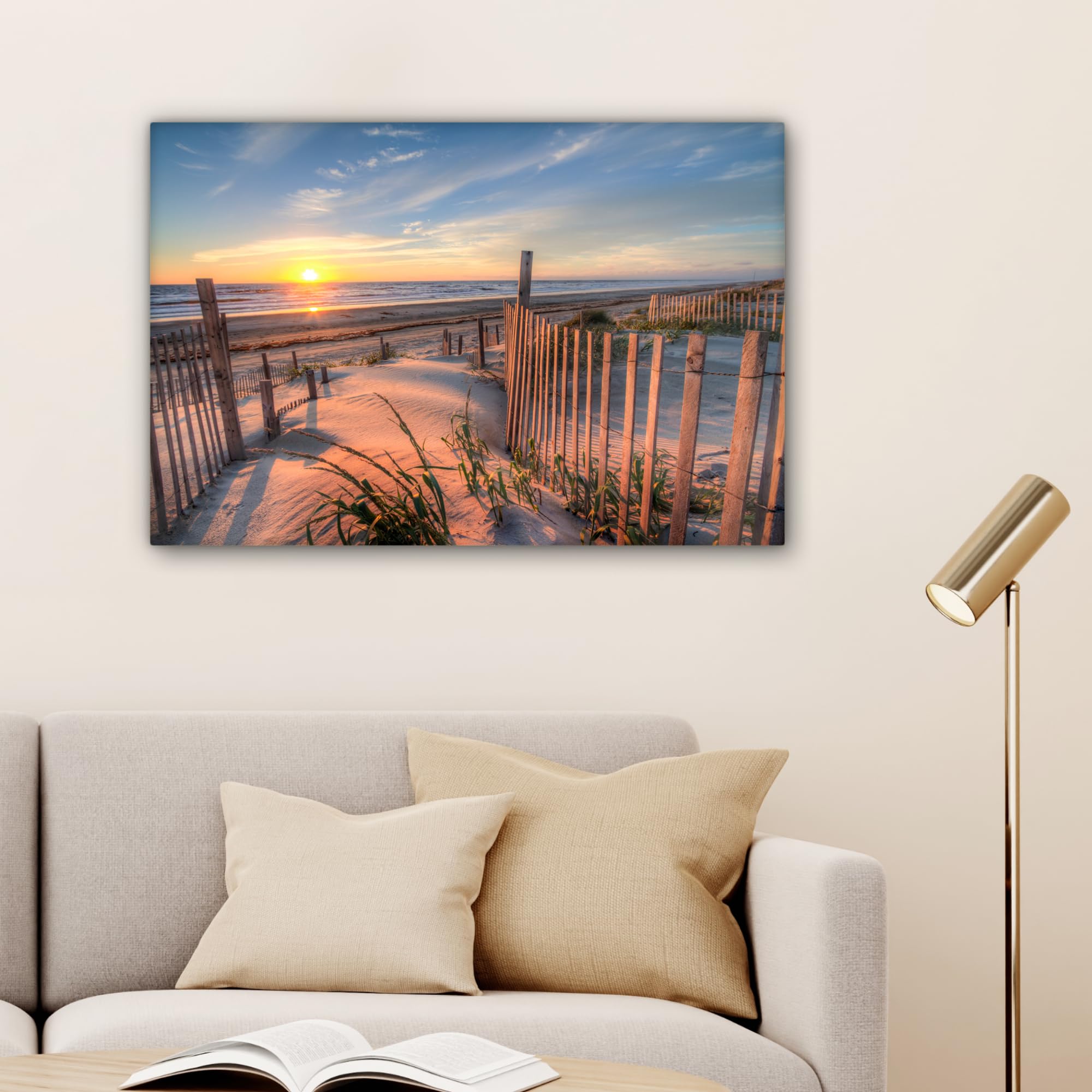MuchoWow© Impression sur Toile Decoration Murale Peinture 90x60 cm Tableaux Decoratifs Muraux Déco Chambre Tableau Salon Dune - Coucher de soleil - Plage - Plantes - Mer