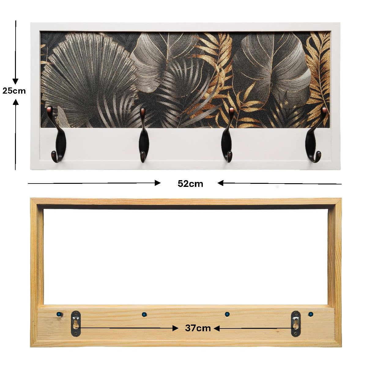 Perchero Pared Madera 52x25cm Jungle Glam Blanco 4 Ganchos | Hecho en España. 4 ganchos dobles (8 colgadores) para ropa y abrigos. Ideal para entrada, salón u oficina.