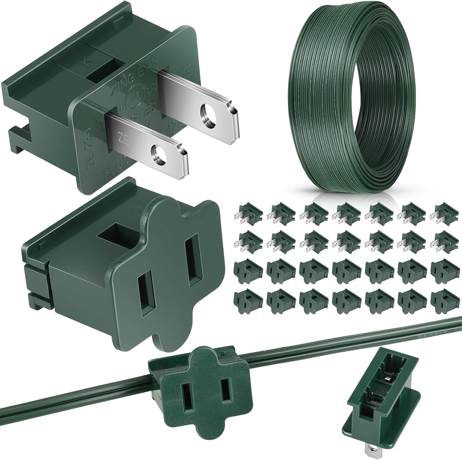 SPT-2 300 ft 18/2 Electrical Wire with 30 Extra Vampire Plugs (15 Male 15 Female) Christmas 18awg Extension Wire Landscape for Christmas Lights Outdoor Decoration(Dark Green)