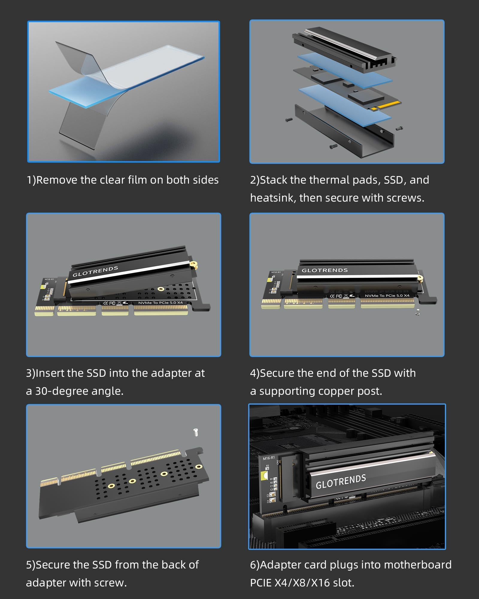 GLOTRENDS PA19-1U adapter M.2 NVMe na PCIe 5.0 X4 bez uchwytu do instalacji serwera PC 1U, aluminiowa osłona radiatora