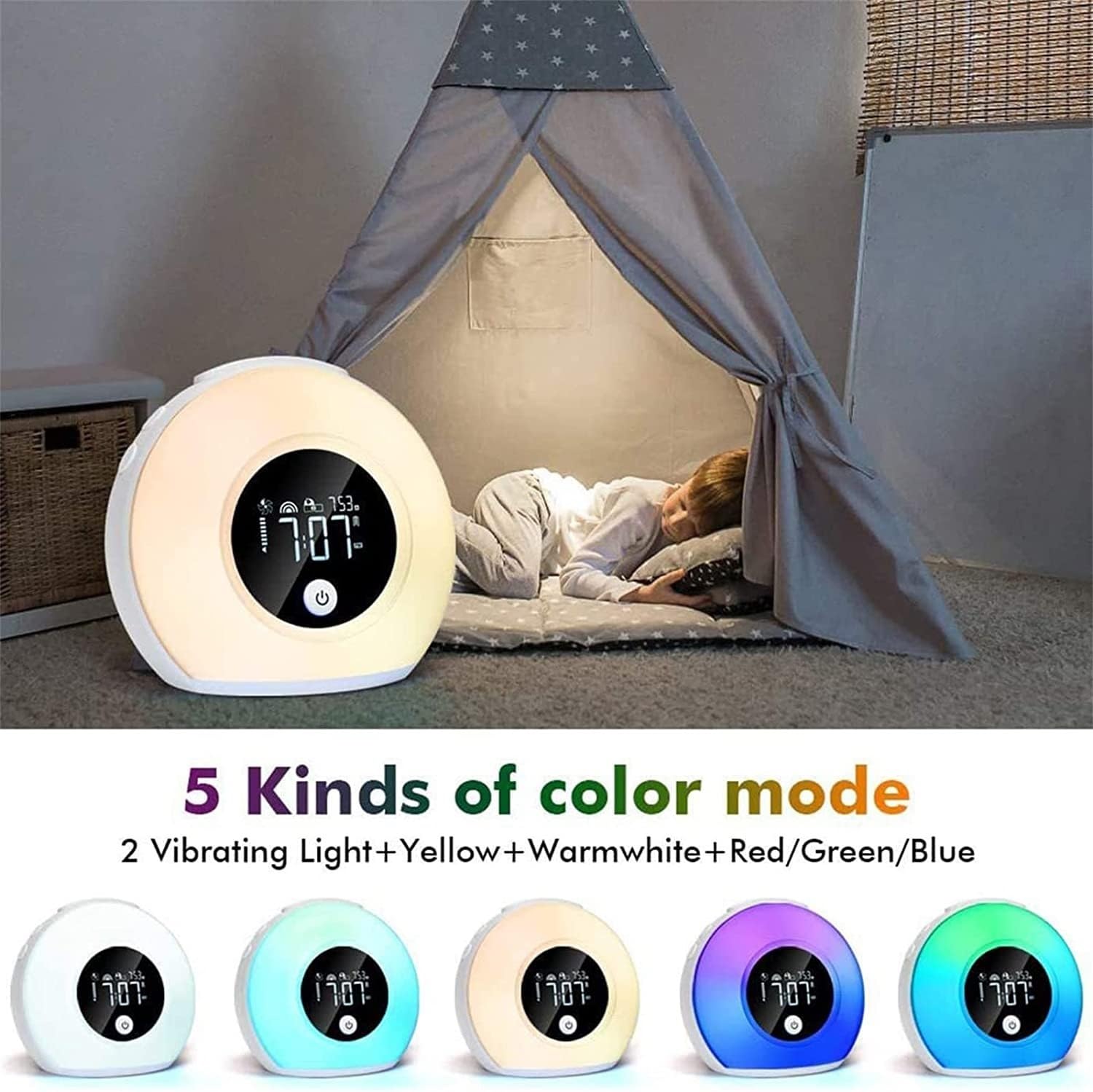 Sveglia con luce, lampada da tavolo con luce notturna con altoparlante Bluetooth/piccolo stereo, luce ambientale a LED in plastica for feste, camera da letto, campeggio, dormienti pesanti, lettore mus