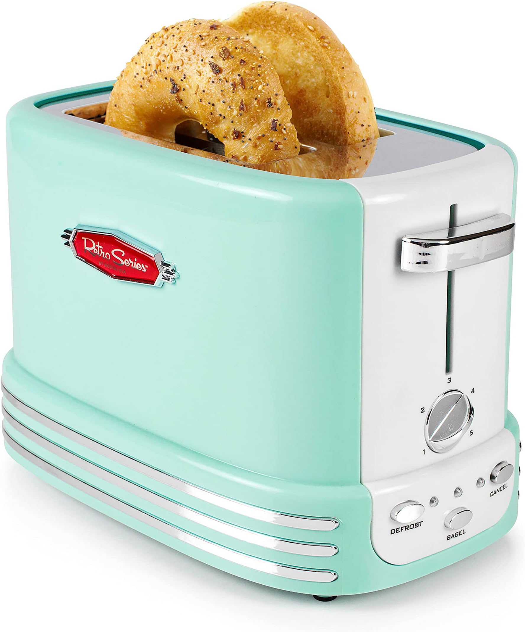 NostalgiaNew and Improved Retro Wide 2-Slice Toaster Perfect For Bread, English Muffins, Bagels, 5 Browning Levels, With Crumb Tray & Cord Storage – Aqua, Turquoise