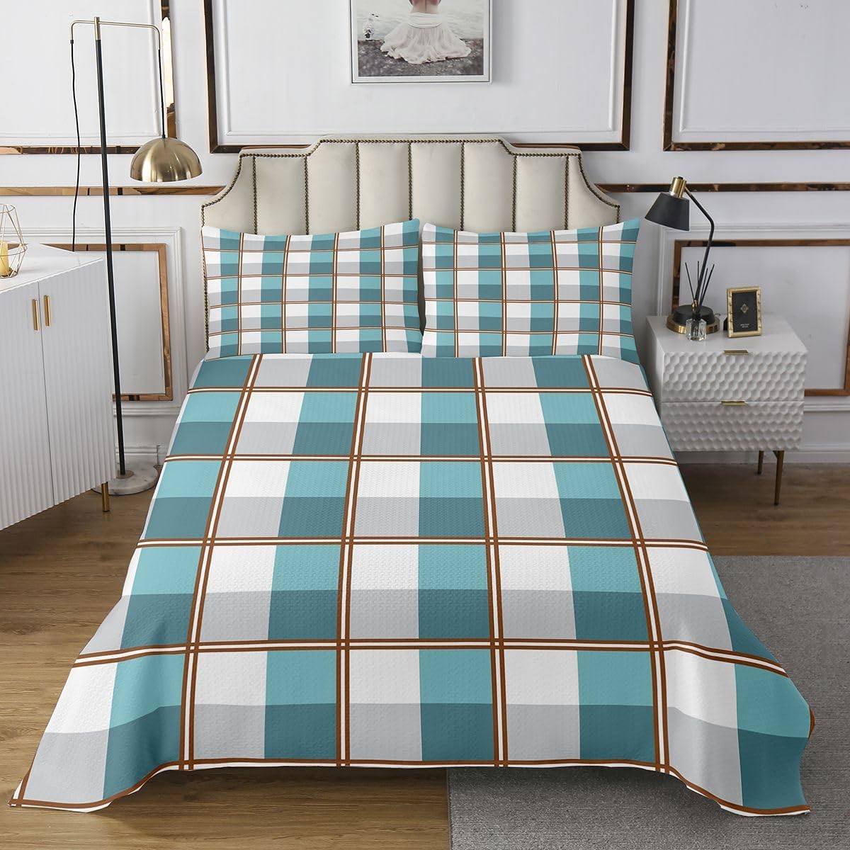 jejeloiu Checkered Bedspread Quilts Light Green White Plaid Coverlet Set Twin Size for Kids Boys Girls Geometric Quilted Coverlet for All Season with 1 Pillowcase Luxury Microfiber