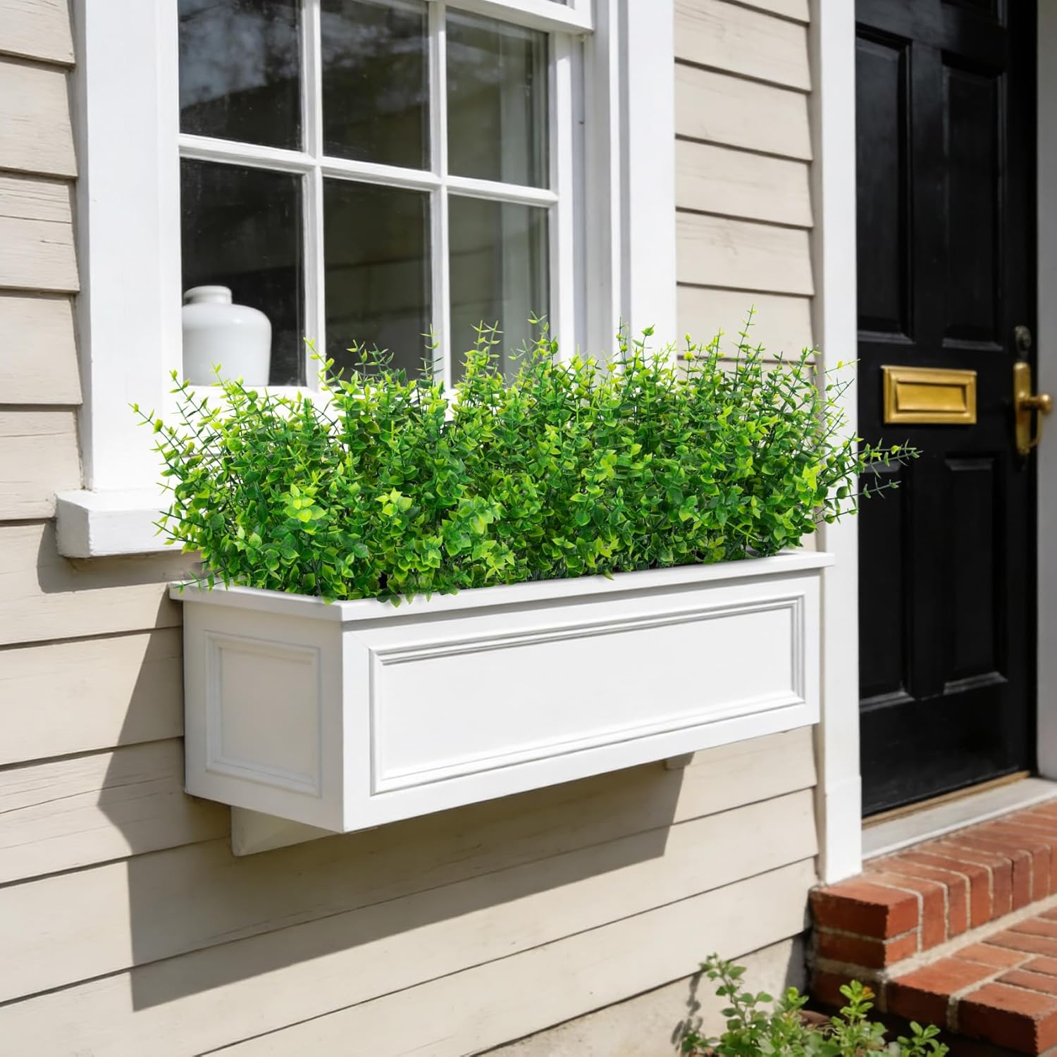 24 Bundles Artificial Greenery Stems Plants for Outdoors, Faux Eucalyptus Plants UV Resistant Fake Boxwood Shrubs Flowers for Outside Spring Summer Porch Window Garden Planter Home Decor