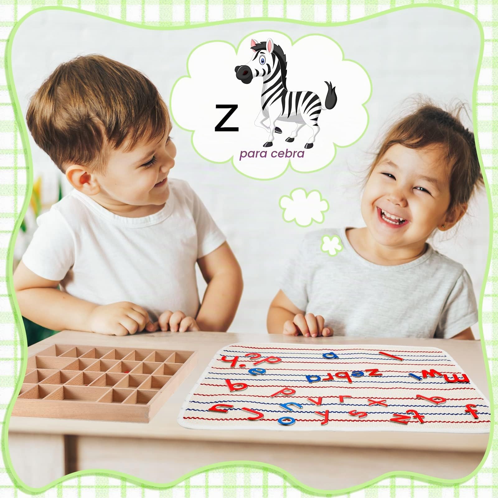 Juexica Letras minúsculas Montessori Letras del alfabeto de madera móvil con caja y alfombrilla grande, pequeñas bandejas de madera Montessori, materiales de aprendizaje de ortografía preescolar, rojo