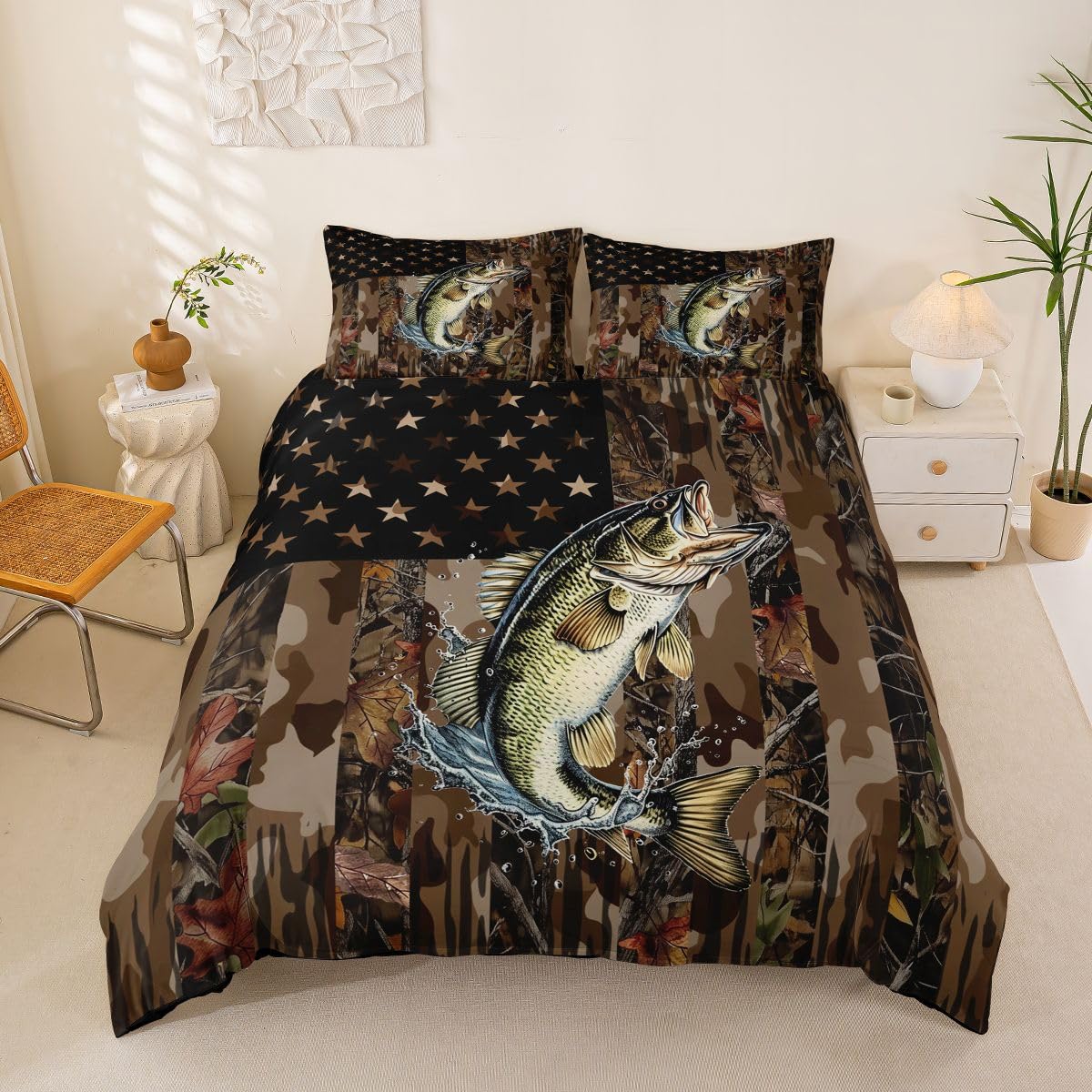 Housse de couette 220x240cm brochet et taies d'oreiller drapeau américain microfibre