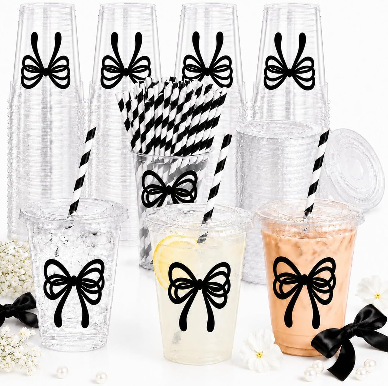 50 Pcs 12oz Pink Bow Cups Disposable Cute Plastic Cups with Lids nd Straws for Pink Bow Party Birthday Decorations (black, 12, ounces)