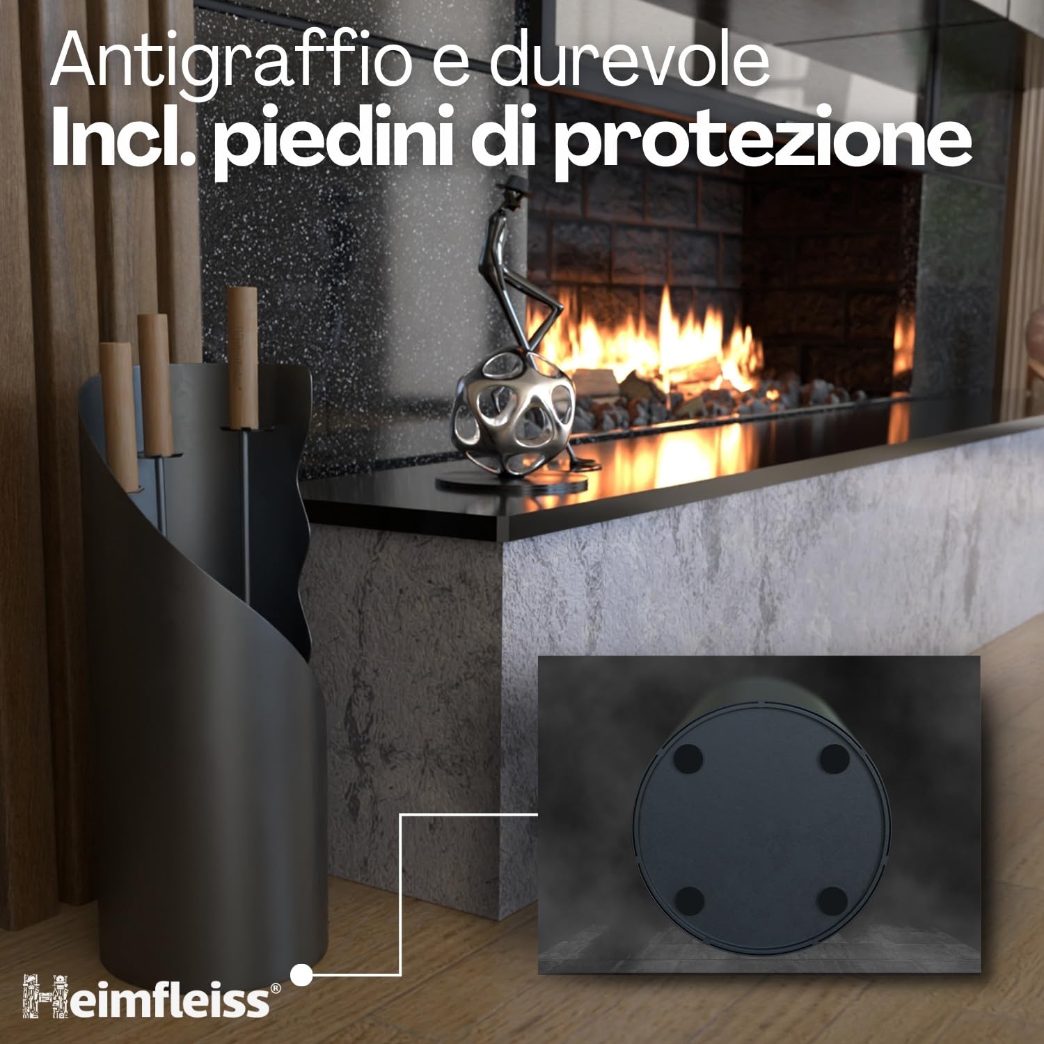 Heimfleiss® Set Camino Grigio Moderno | Attrezzi per Camino Set Camino | Kit Camino di Qualità con Attizzatoio, Spazzola-Paletta | Accessori Camino con Manici in Legno