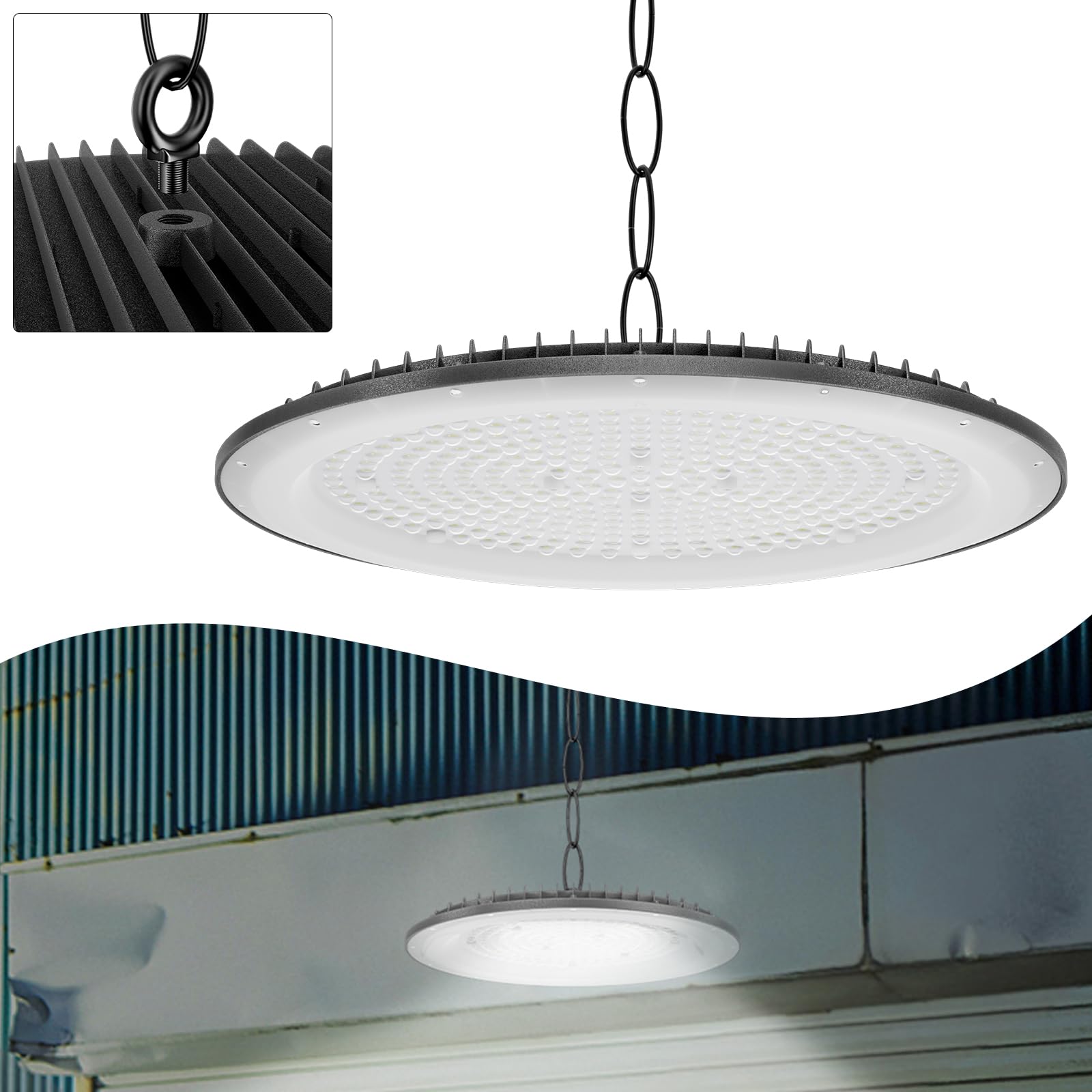UISEBRT UFO reflektor halowy, 500 W, reflektor sufitowy, 6000 K - 6500 K, zimna biel, lampa warsztatowa, klasa wodoszczelności IP65, do fabryk, garażu, magazynów