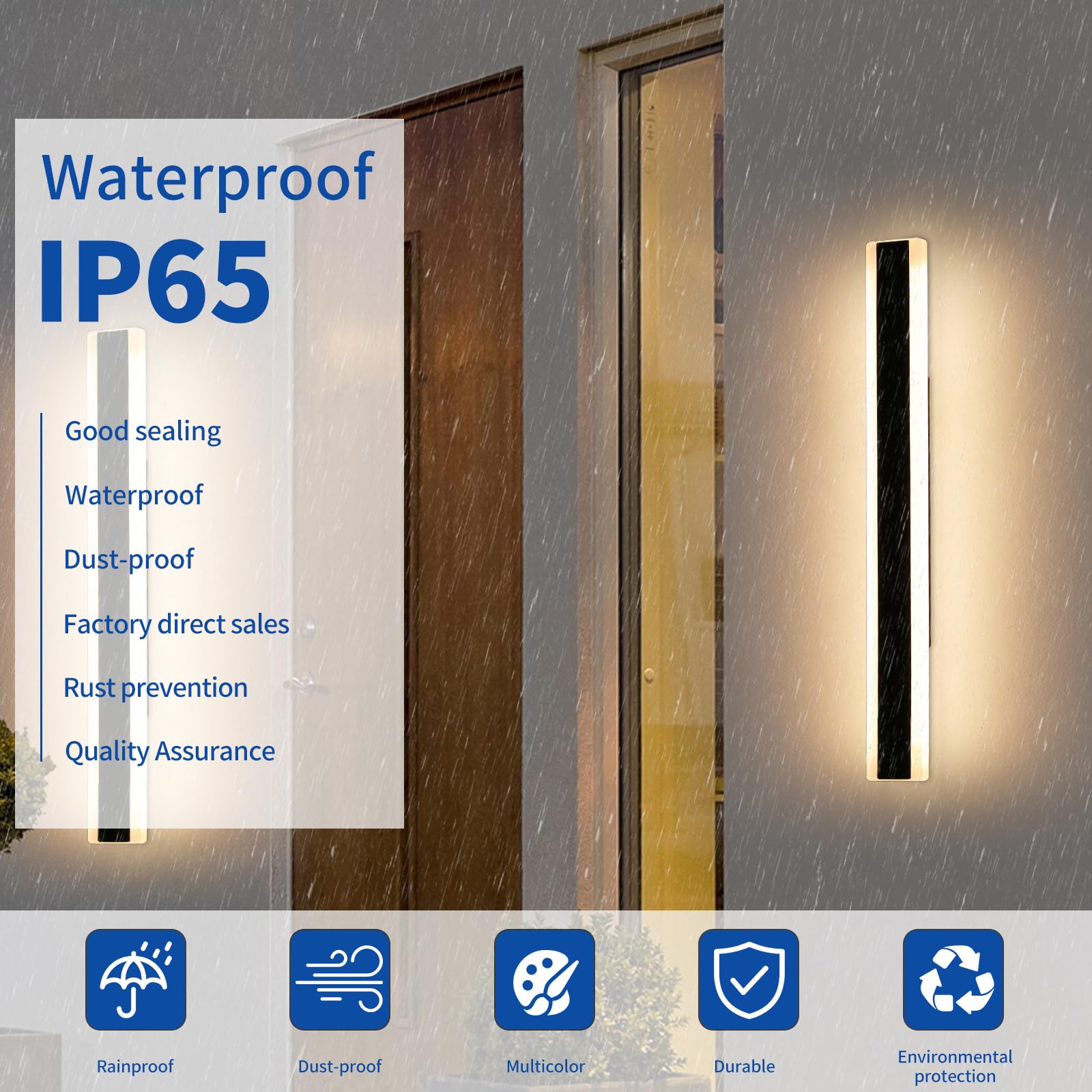 Modern Simple 80cm Outdoor Wall Light, 2pack 3 Colour Light 3000k/4500k/6000k Wall Mounted Acrylic Wall Light, IP65 Rainproof Outdoor Porch Wall Sconce for Garden, Porch, Garage, Patio — view 5