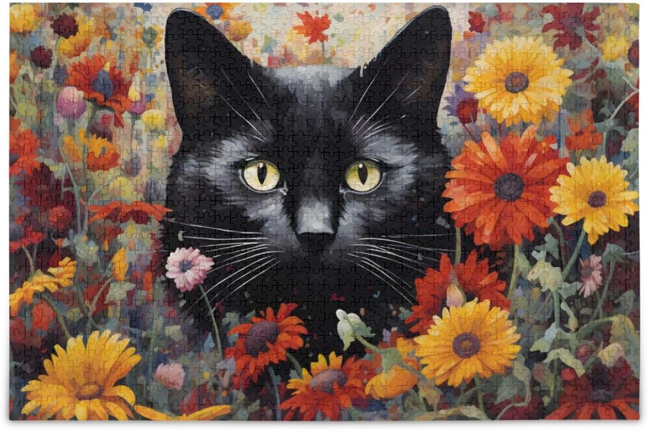 Cat Black Floral Jigsaw Puzzle 500 Piece, Educational Intellectual Decompression Puzzle Game Jigsaw Puzzle for Adult Active Thinking Party Entertainment, Family Games