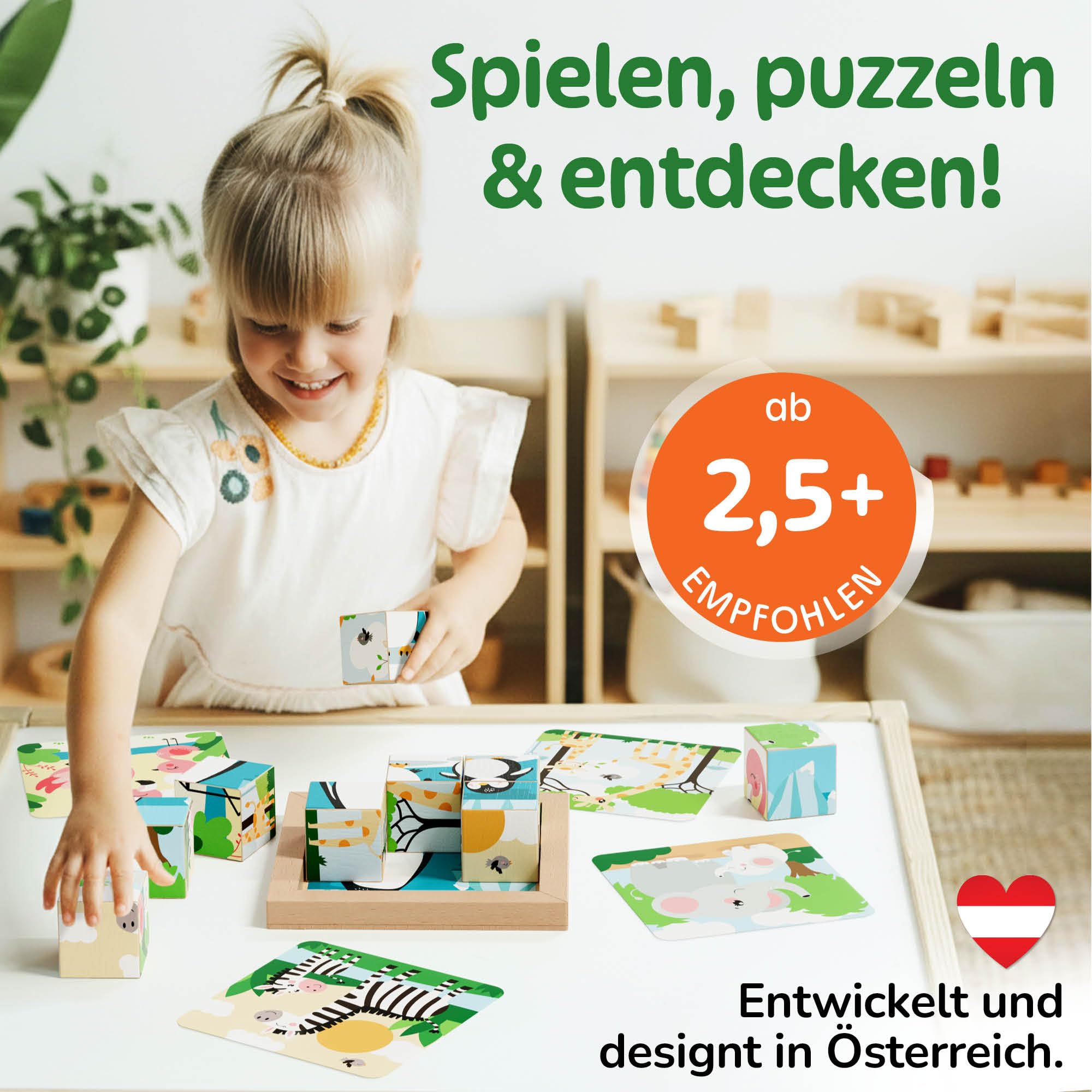 Merle Toys® 6-in-1 Würfelpuzzle ab 2 Jahre, 100% FSC-Buchenholz, Würfelpuzzle ab 3 Jahre, Bilderwürfel Holzpuzzle ab 2 Jahre, 4,5 cm große Würfel, Puzzle mit abgerundeten Ecken und Bildvorlagen, Löwe