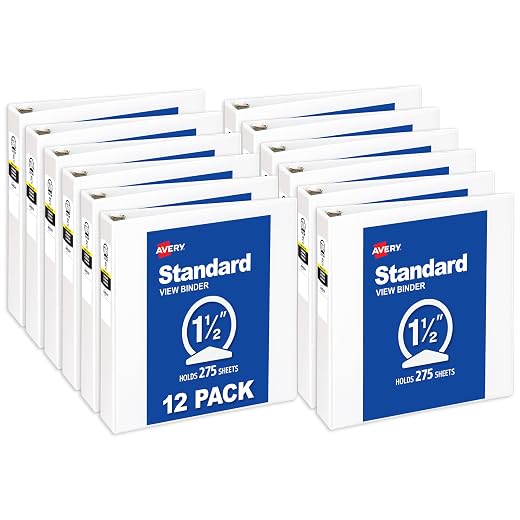 Avery Standard View 3 Ring Binders, 1.5" Round Rings, 275-Sheet Capacity, 2.1 Inch Wide Spine, White Binders, Ideal for Lightweight Organization and Occasional Referencing (12-Pack of 05726)