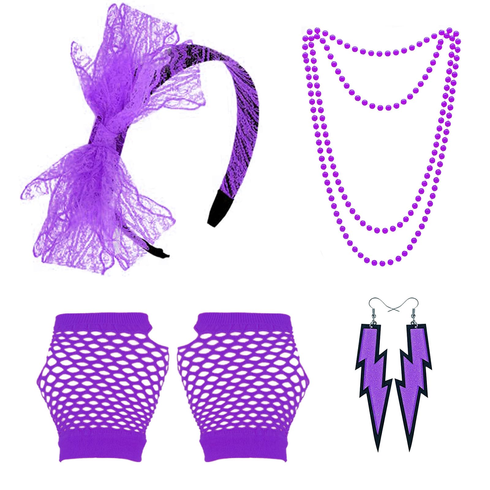 Grantop 80s Fancy Dress Costume Accessories for Women, 1980s Fancy Party Costume Set with Lace Headband Earrings Necklace Fishnet Glove, Fancy Party Costume for Retro Party (Purple)