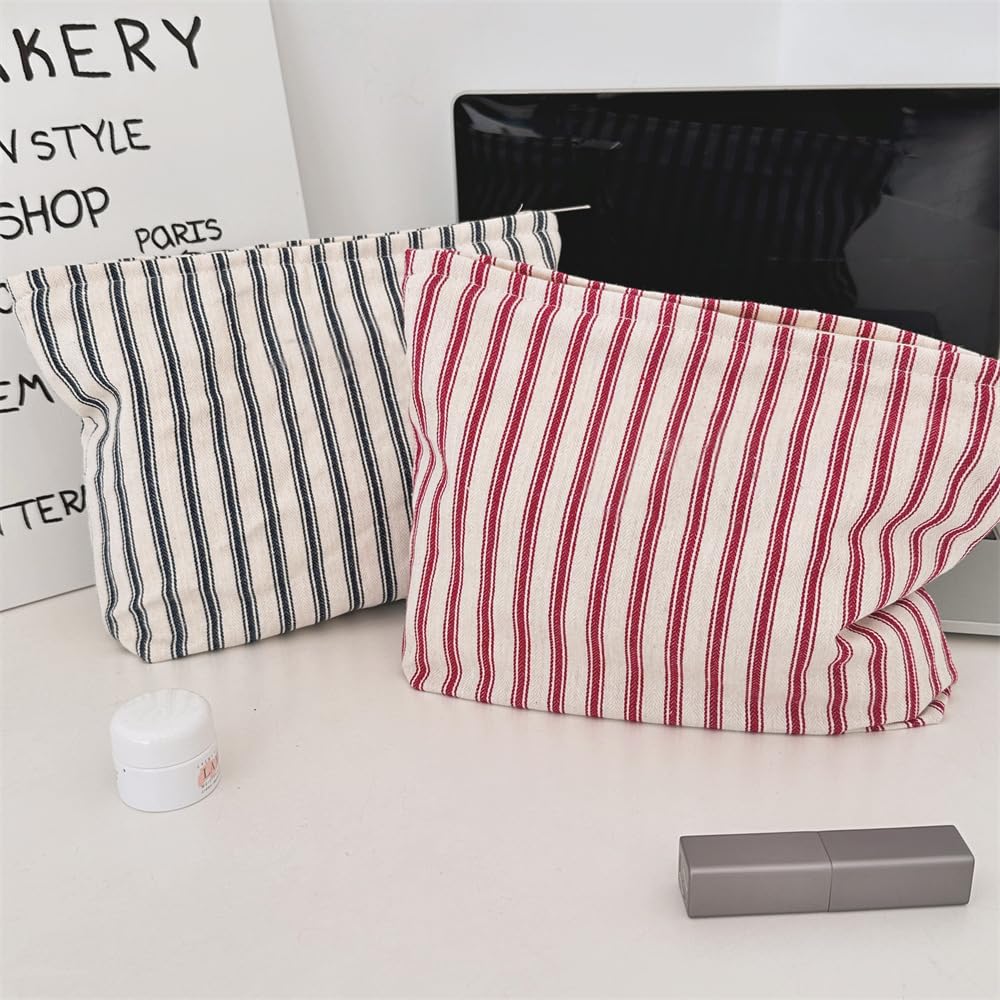 PAZIMIIK Make-up-Tasche mit Blumenmuster, Baumwolle, Reißverschluss, für Geldbörse, Reisen, Leinen, Make-up-Organizer für Damen, Kosmetik, Vintage-Stil, gestreift, Rot, Vintage Stripe Red, 10x7inch