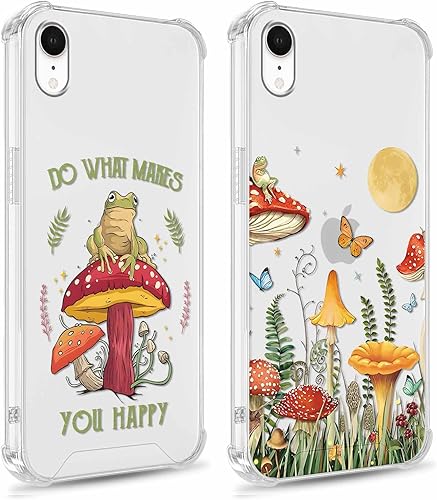 Paquete de 2 fundas transparentes con diseño floral para iPhone XR de 6.1 pulgadas, diseño de hongos y mariposa, rana, funda protectora suave,