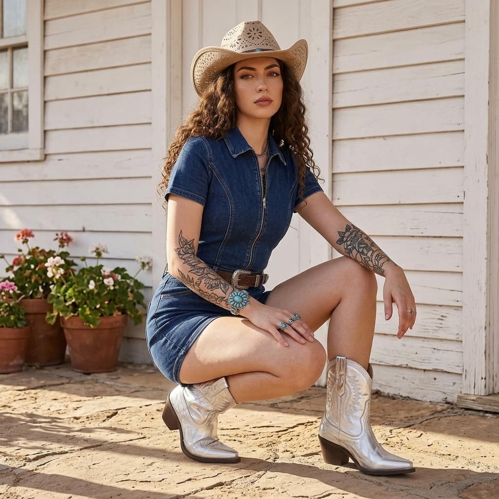 Western Boots for Women Metallic Embroidered Pointed Toe Cowgirl Boots Chunky Heel Pull-On Short Cowboy Boots Wide Calf Country Ankle Boots