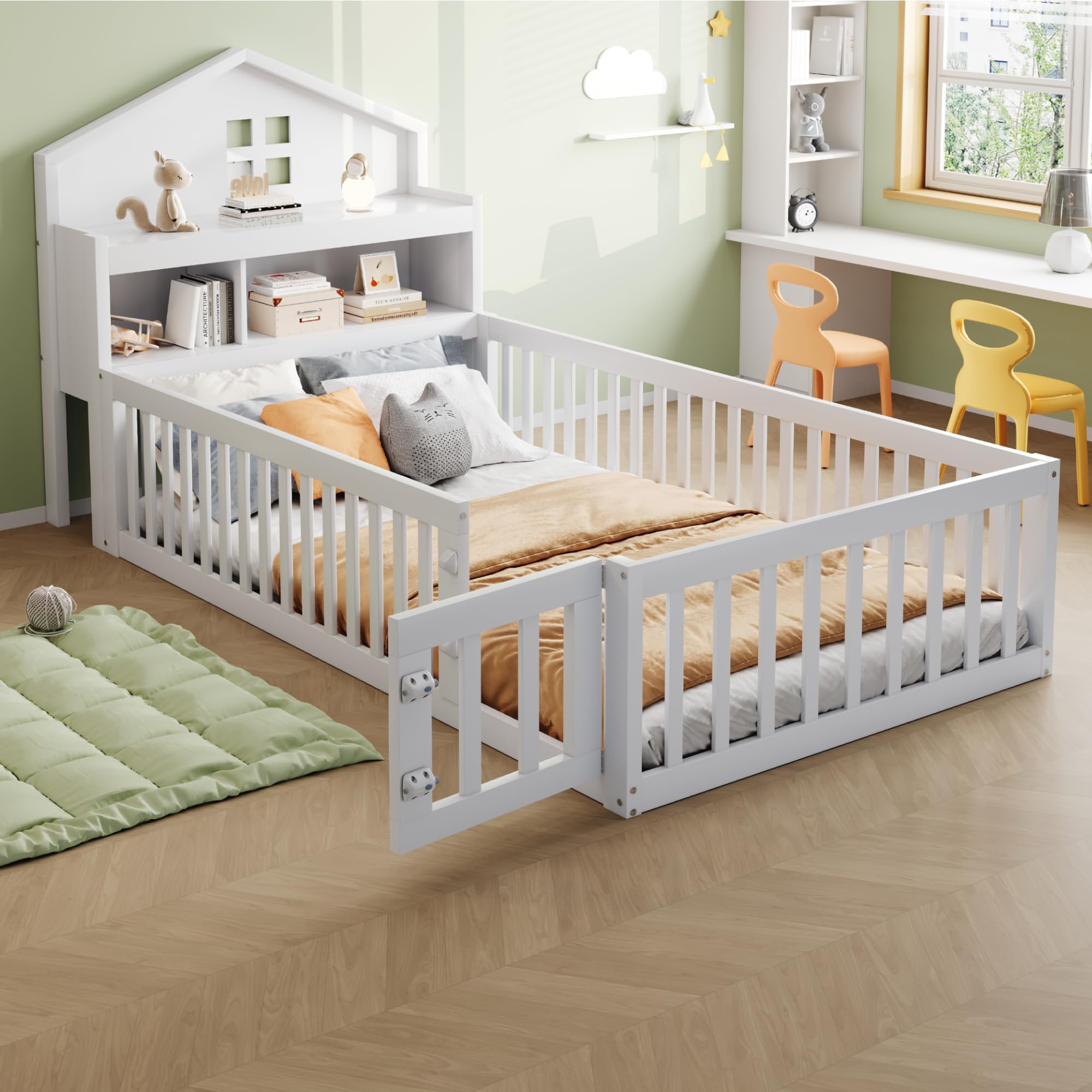 Soweiz Children's Bed 90 x 200 cm, Solid Wood Children's Bed Frame, Railing with Shelves and Storage Space, with Protective Grid and Door