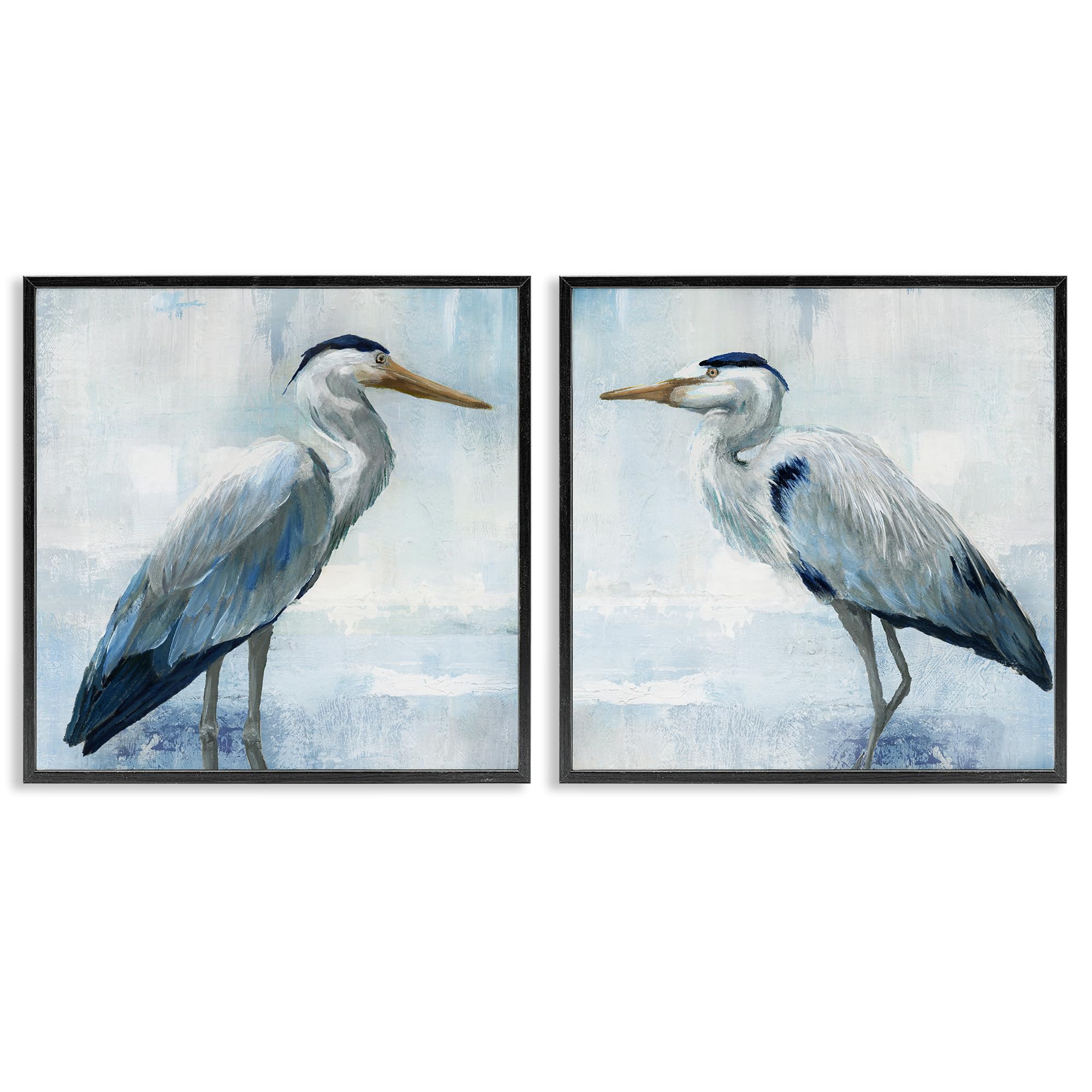 Stupell Industries Midnight Black (Textured) 'Faded Blue Coastal Herons', 2Pc Framed Giclee Art Set 2, Black, 24 X 24 Inches, Easy To Hang And Sturdy, Made In Usa, By Nan