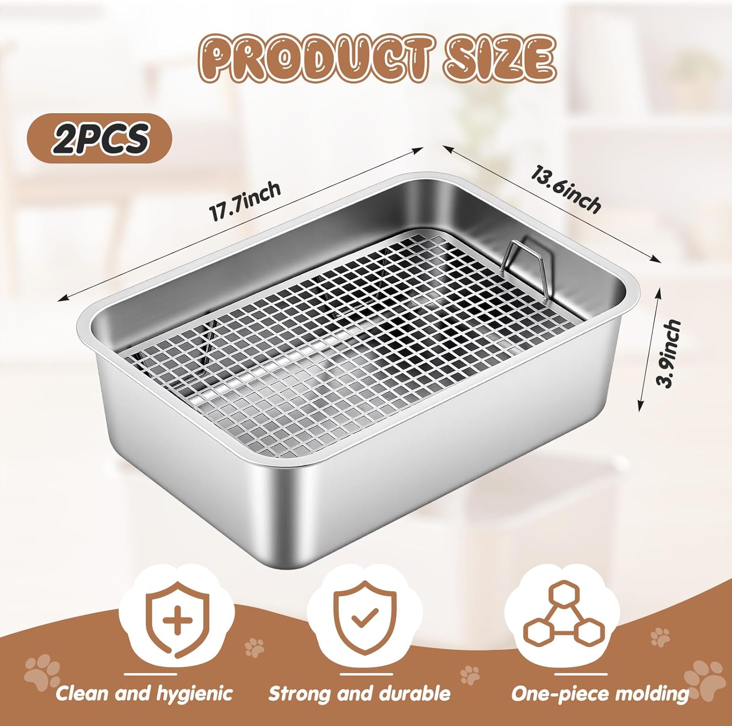 Maxcheck 2 Pcs Rabbit Litter Box, Stainless Steel Rabbit Litter Pan with 2 Grids, High Side Bunny Toilet Tray Potty Training Pan for Rats Ferret Bunny Guinea Pig(M 17.7''L x 13.7''W x 4''H)