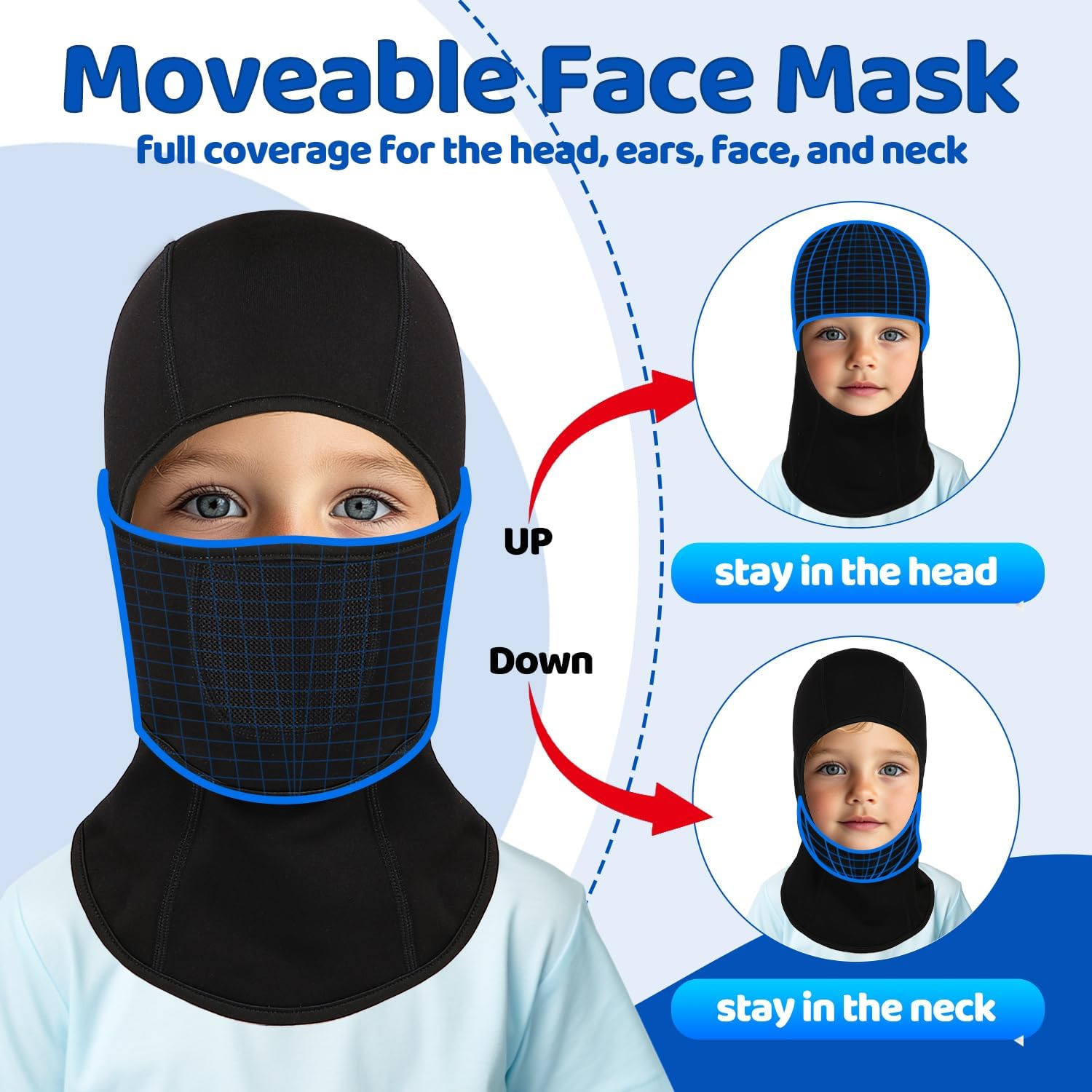 Kids Balaclava Ski Mask – Thermal Fleece Face Cover for Boys Girls Breathable Cold Weather Neck Warmer with Moveable Mask Black - Image 2