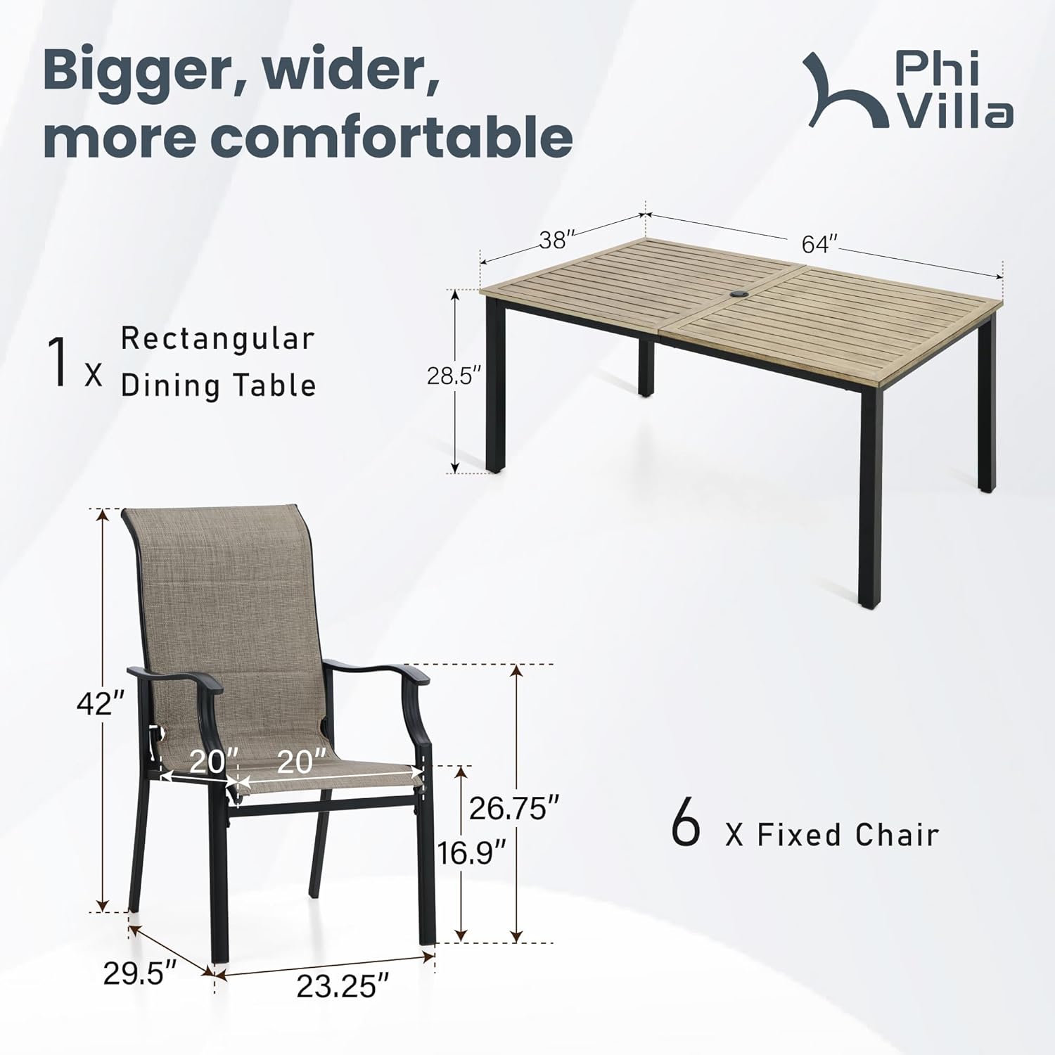 PHI VILLA 7 Piece Patio Dining Set, 6 Padded High Back Patio Dining Chairs & Brown Metal Slat Table Top with 1.6" Umbrella Hole, Outdoor Dining Set for All Weahter