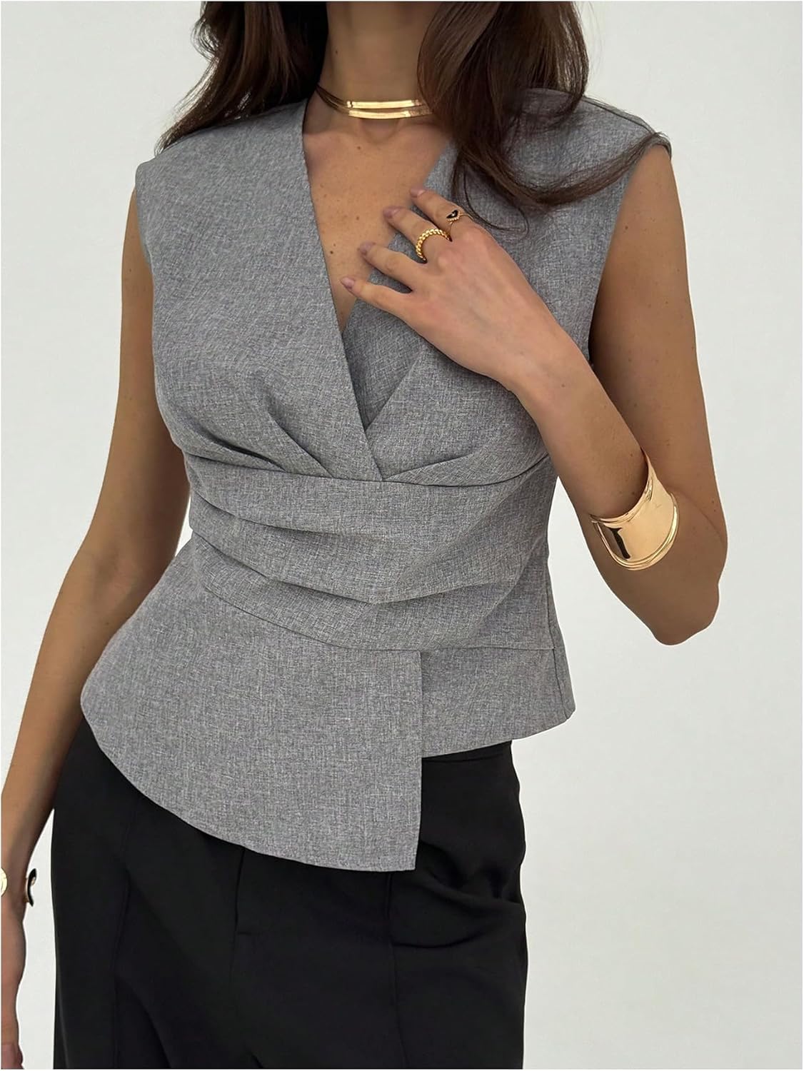 SweatyRocks Women's Pleated Sleeveless Work Blouse Elegant V Neck Asymmetrical Tank Top - Image 4