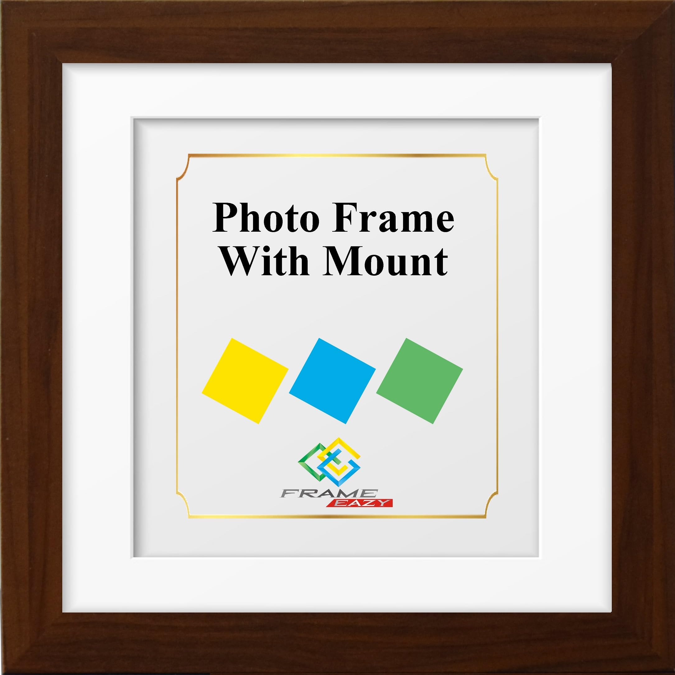 FRAME EAZY Square Dark Oak Photo Frame Picture Frame with White Mount - Comes With Safe Perspex Front & Wall Hanging Hooks - Square Frame 10"x10" Pic Size 8"x8" Mount