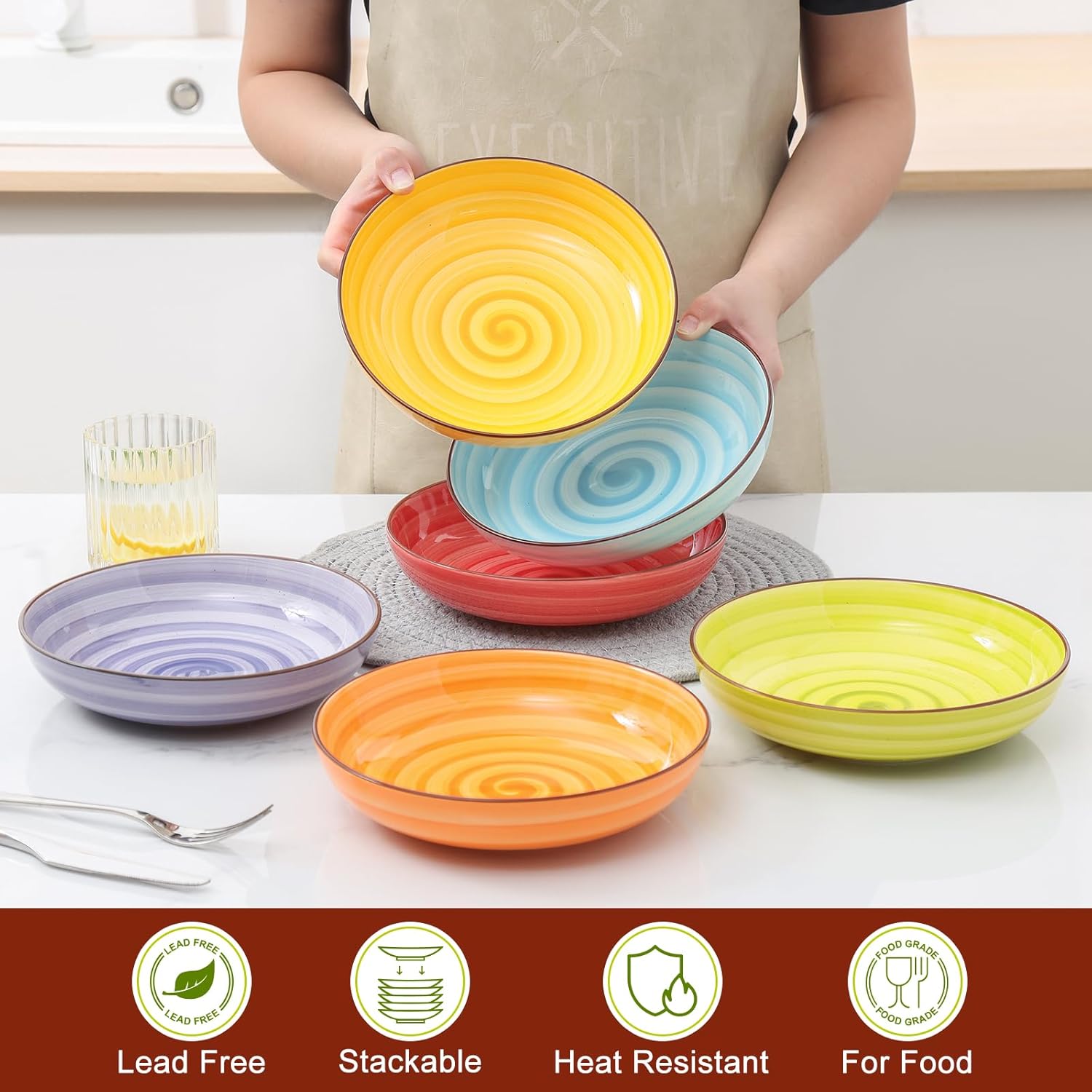 KitchenTour Pasta Bowls, Ceramic Salad Bowls Serving Bowl Set 26 oz, 8 Inch Colorful Porcelain Wide and Shallow Bowls Set - Dishwasher and Microwave Safe - Set of 6 - Image 3