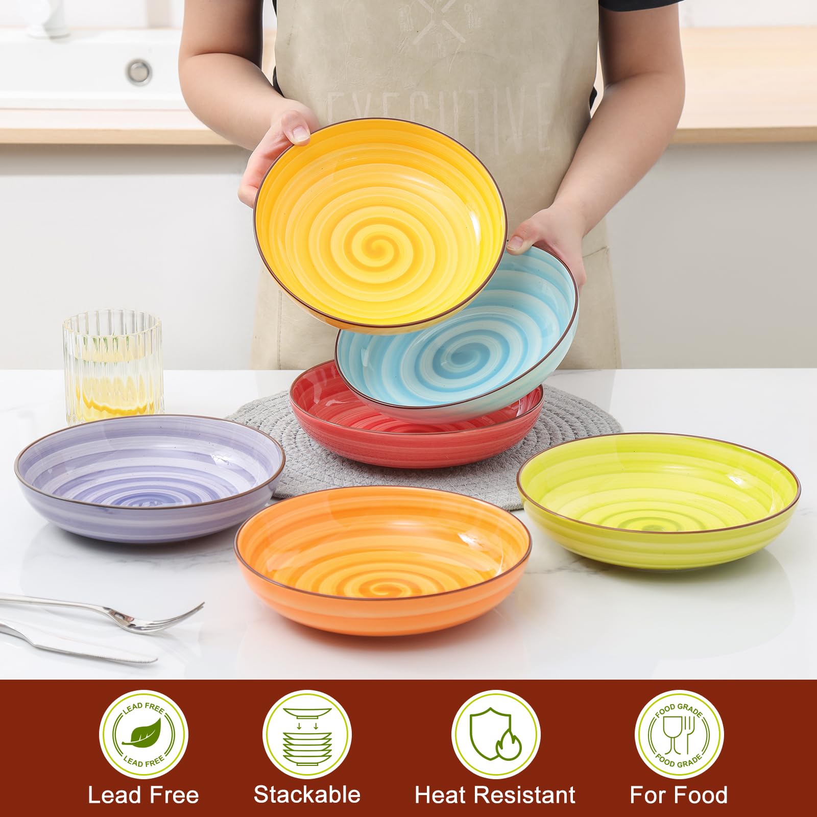 KitchenTour - Juego de 6 cuencos de cerámica para pasta, 26 onzas, cuencos de porcelana colorida de 8 pulgadas, anchos y poco profundos, aptos para lavavajillas y microondas