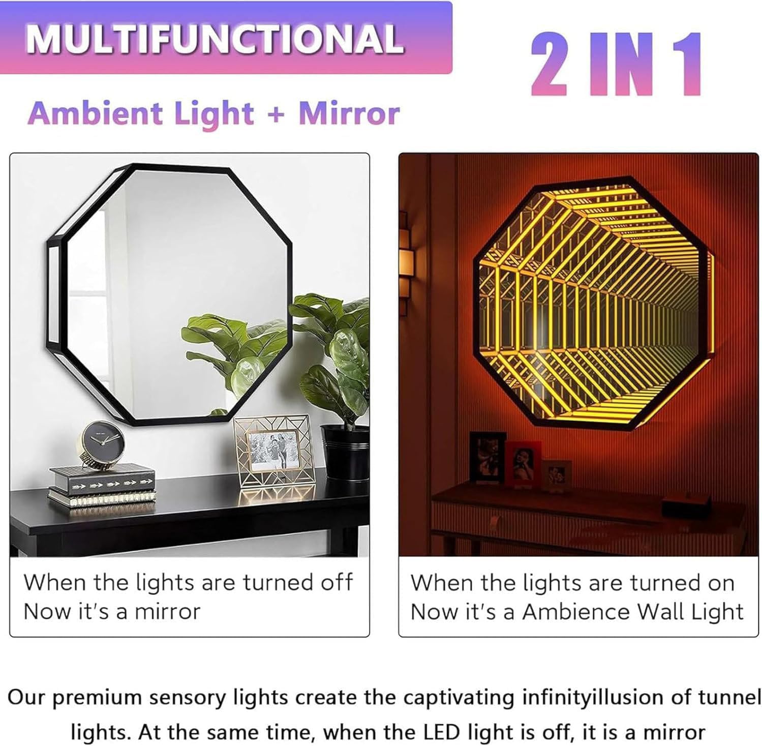 RGB Infinity Mirror Licht, Smart Farbwechsel LED Wanddekoration mit Fernbedienung & App, Dual-Funktion Spiegel und Ambient Light für Schlafzimmer Gaming-Zimmer Wohnzimmer Bar,C-50CM
