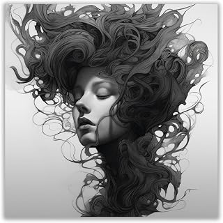 VOCBAN Abstract Black And White Vintage Aesthetic Canvas Wall Art Prints Painting Curly Hair Beauty Portrait Rustic Gallery Wall Decor Picture for Bedroom Living Room Decor-12x12in Unframed