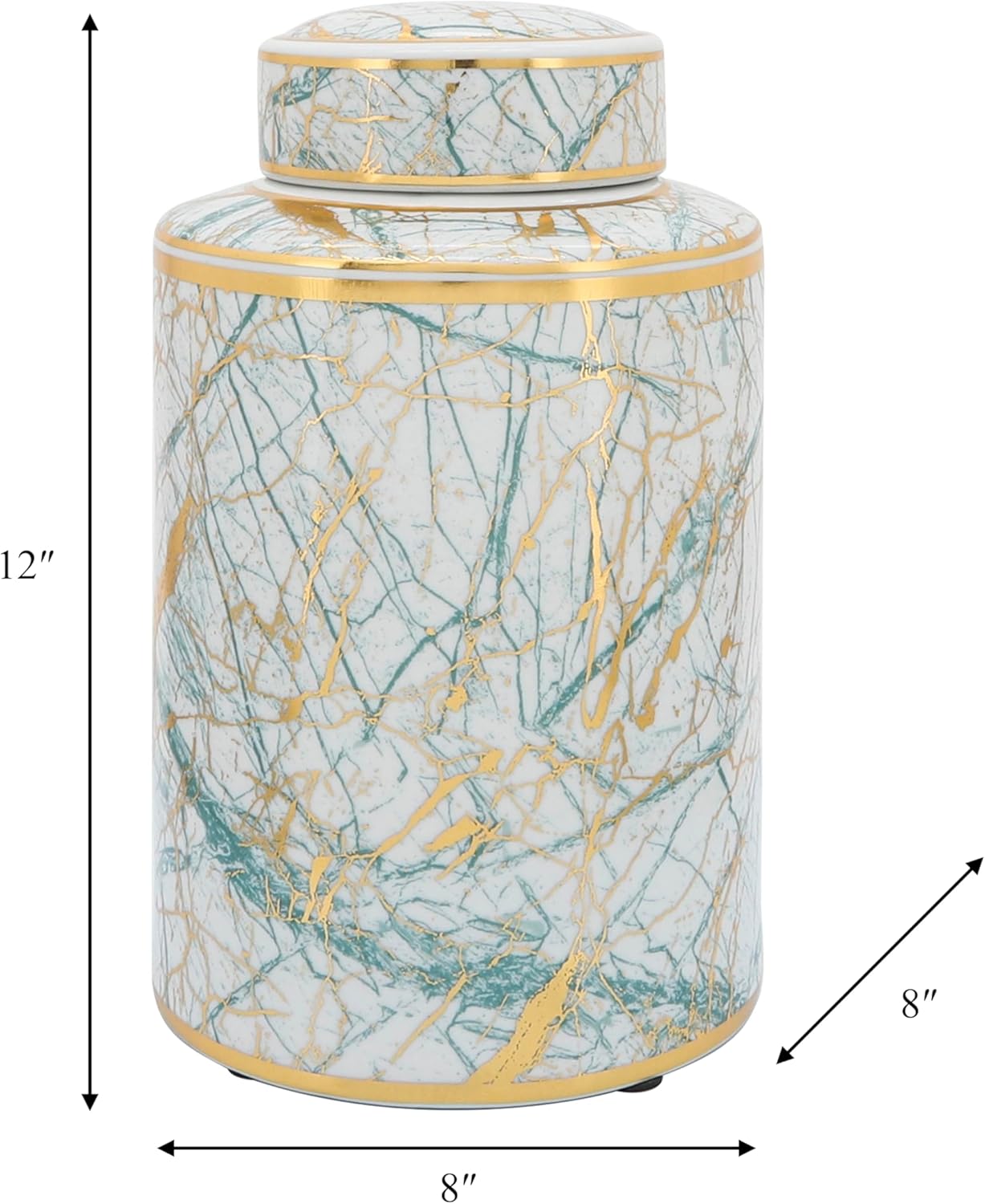 Decorative Ceramic Jar with Lid for Living Room Decor - Flower Vase for Bedroom, House Display, and Office Desk - Modern Accent Vase for Entryway Table or Home Decor - 12", Green & Gold