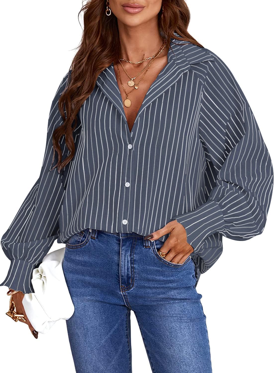 Paintcolors Women's Cotton Pocketed Button Up Shirts Long Billowy Sleeves Blouse V Neck High Low Statement Tunics Tops