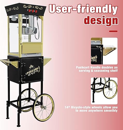 Miniatura 5 de Máquina comercial de palomitas de maíz vintage negra con carrito y luz más cálida, 12 onzas de acero inoxidable para 60 tazas para teatro, fiestas y