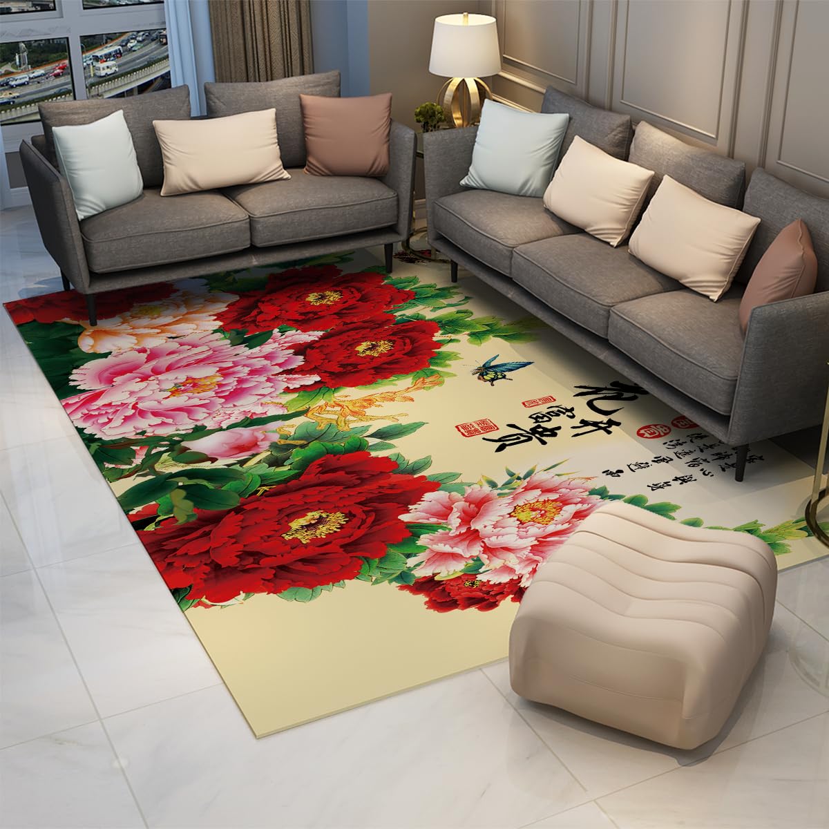 Kolorowy dywan piwonia chińska kaligrafia sztuka i latające motyle nadruk maty z niskim włosiem estetyczny kwiatowy chiński wystrój podłogi 150x240cm