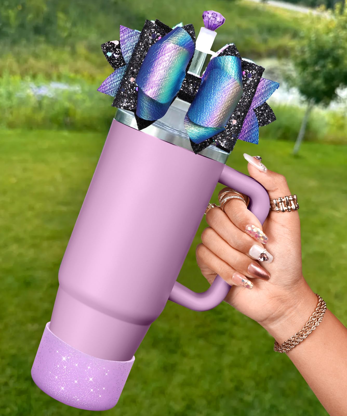 Toykee Cup Boot with Straw Cover for Stanley 40 30 oz - Cute Bow Straw Topper and Diamond Caps with Bottom Protector 3 PCS Sets for Tumbler