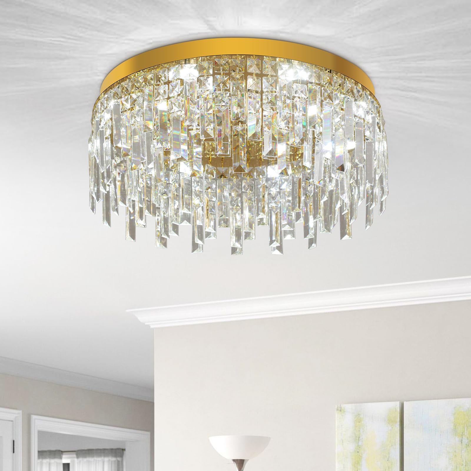 VETRULUS Lampadario Rotondo in Cristallo Oro 50cm – Plafoniera a Filo Soffitto di Lusso per Sala da Pranzo, Camera da Letto, Cucina, Soggiorno