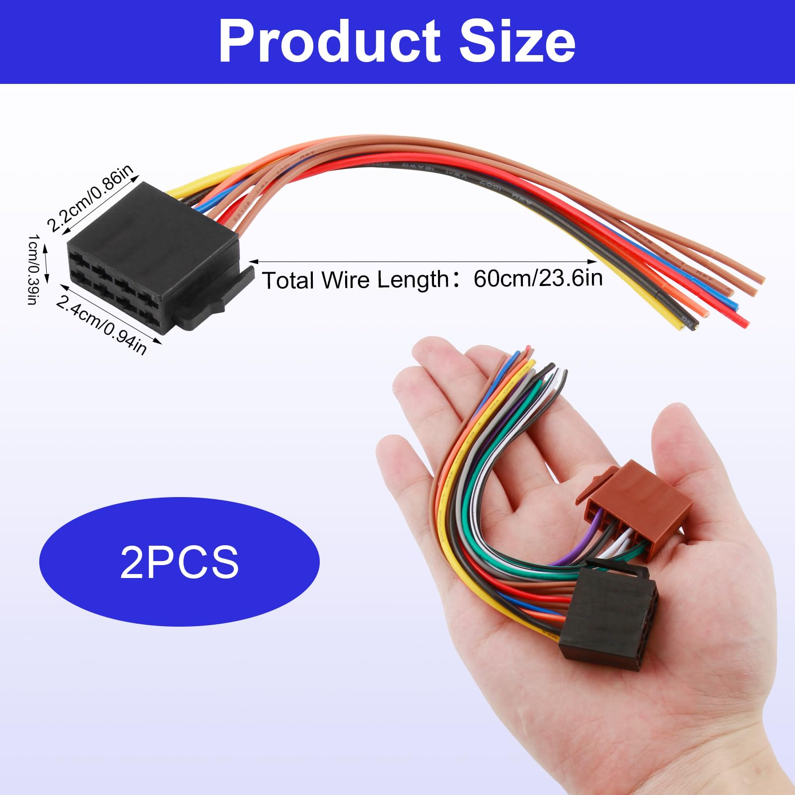 Connecteur ISO Autoradio 8 Pins Précâblé - Lot De 2 - Adaptateur Universel Pour Alpine, Becker, JVC, Kenwood - Faisceau D'alimentation Et Haut-parleurs