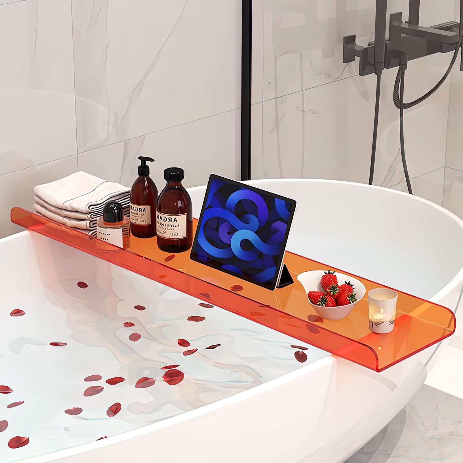 Vassoio per vasca da bagno, vassoio trasparente per vasca da bagno di lusso, portaoggetti impermeabile con superficie elegante, nessun montaggio, facile da pulire, organizer per vasca da
