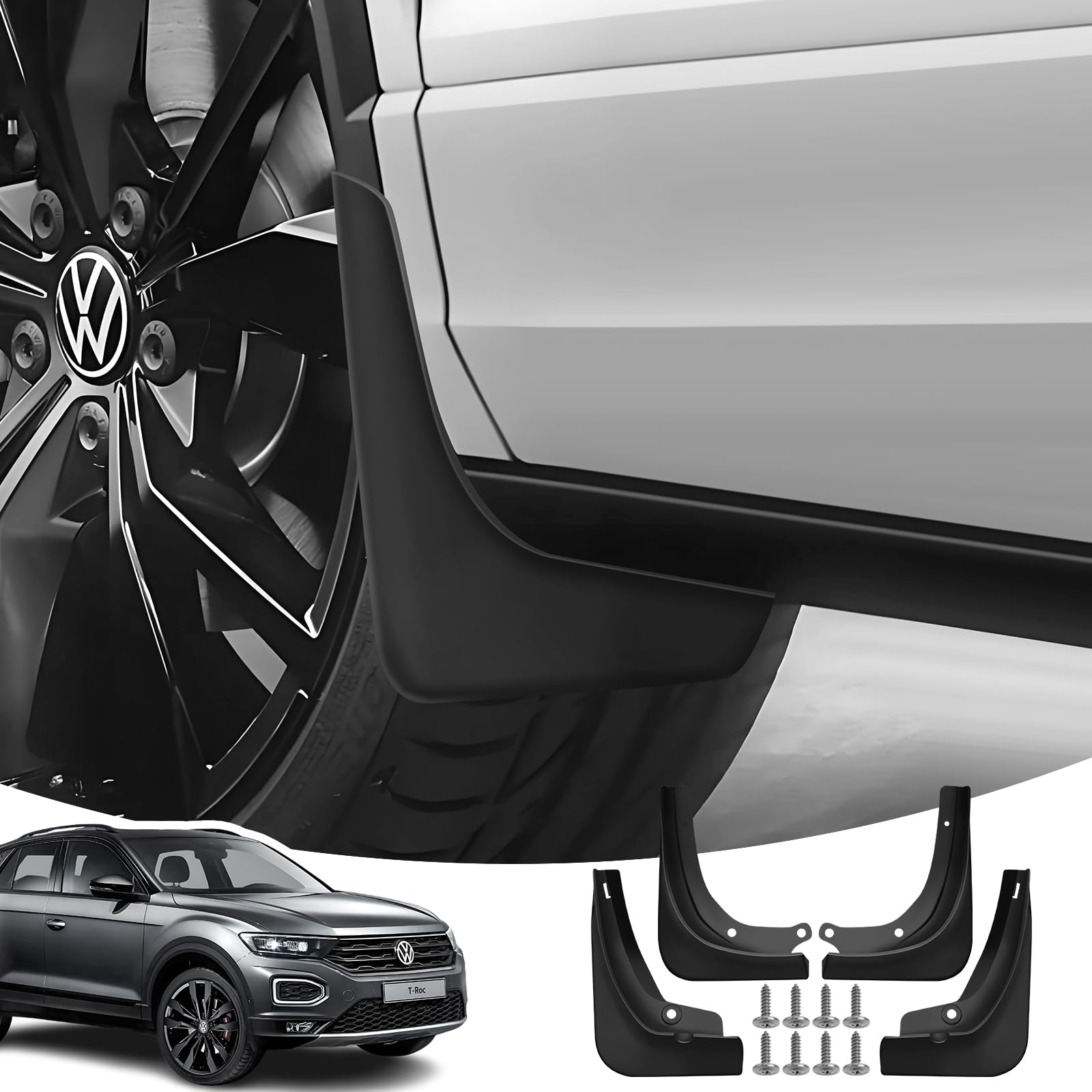 (4-Częściowy) Chlapacze dla VW T-Roc 2018-2025 | Błotniki Przednie i Tylne ze Śrubami Montażowymi, Tworzywo ABS, Nie Wymaga Wiercenia, Akcesoria Każdą Pogodę
