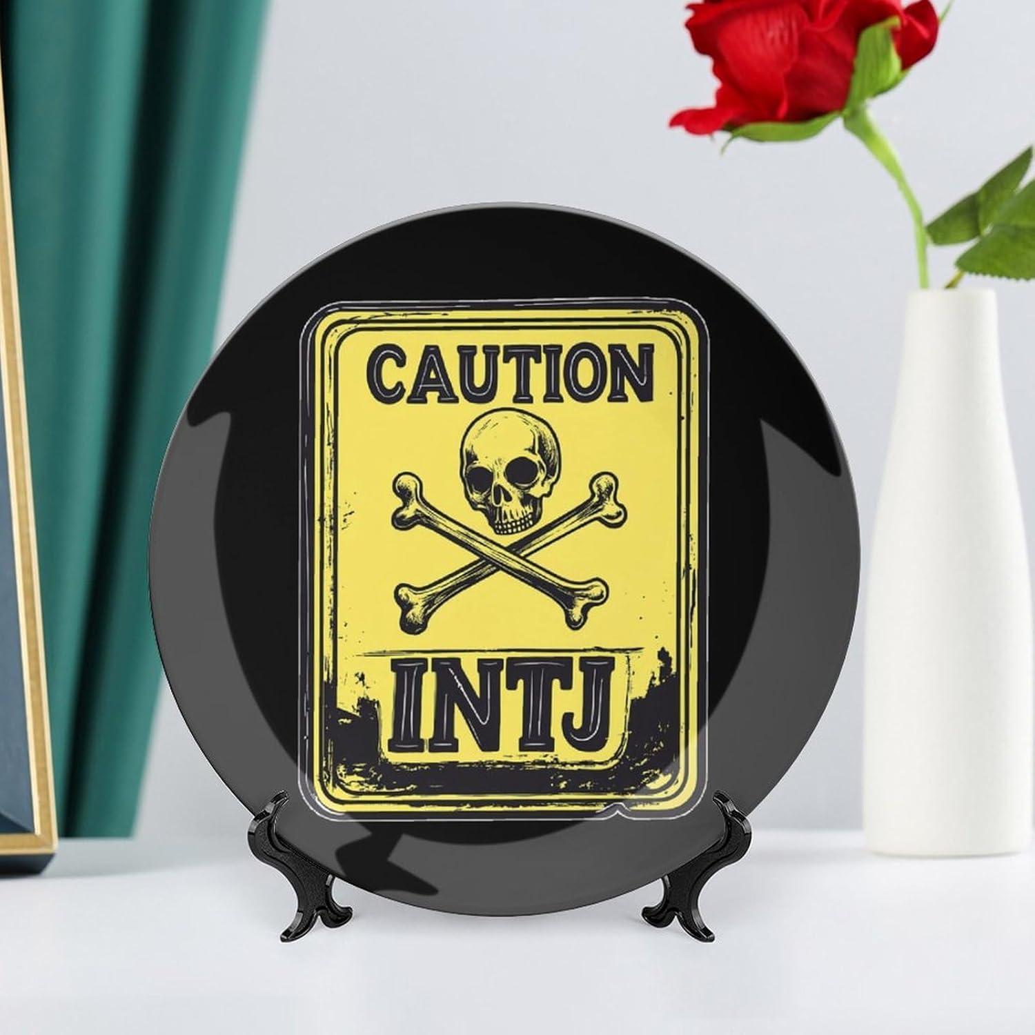 Caution INTJ Warning Sign Decorative Plates for Display Ceramic Plate Tray with Stand Hanger Home Decor