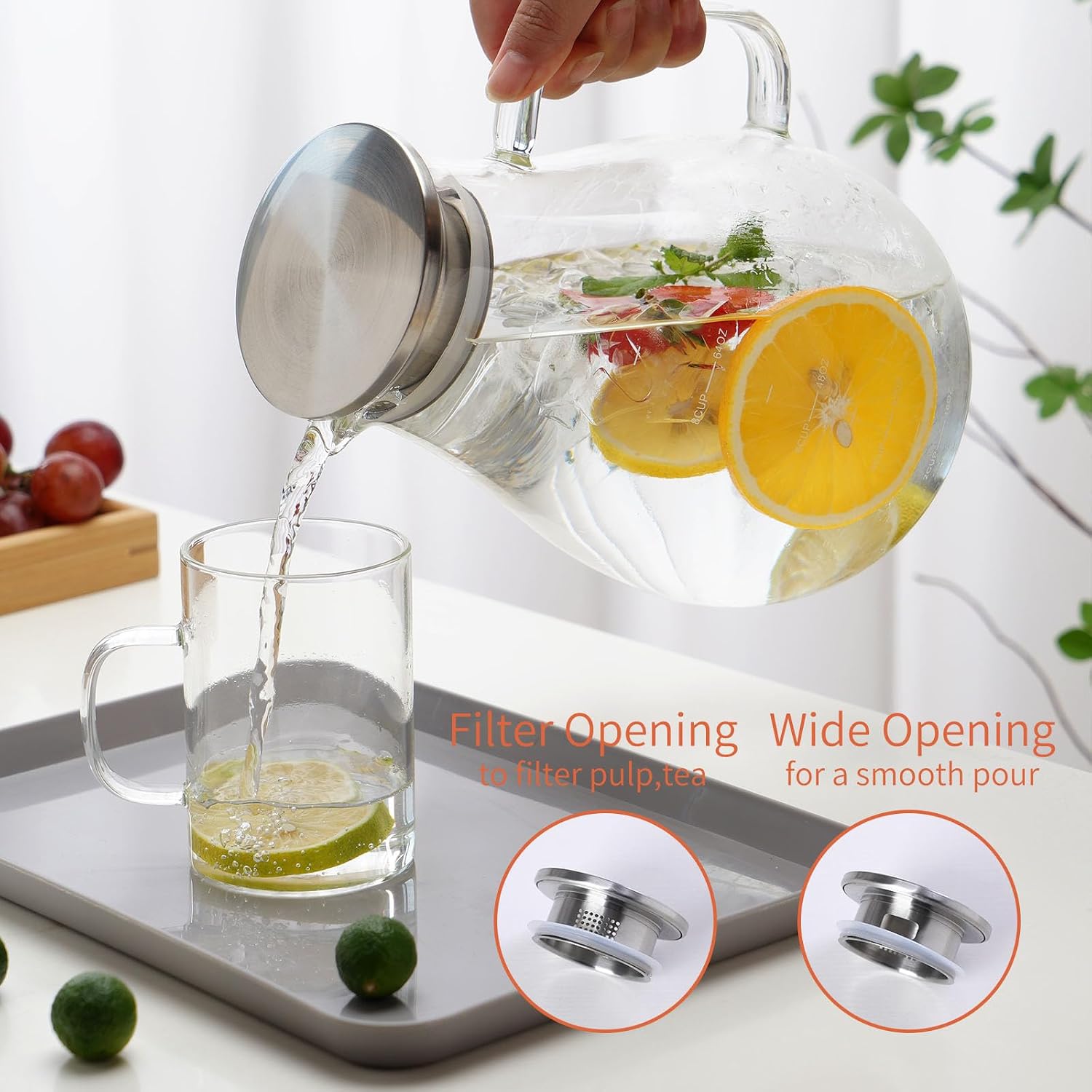 Glass Water Pitcher With Lid and Handle Juice Bottles Easy Clean Heat Resistant Water Carafe For Hot Cold Beverages Fridge Coffee Lemonade Cold Brew Iced Tea & Juice 2.4 Liter 80Oz