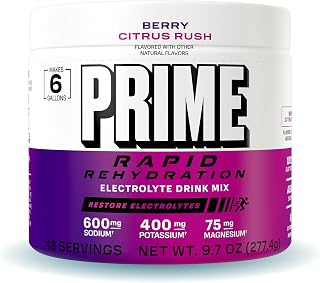 Prime Rapid Rehydration Electrolyte Powder, Berry Citrus Rush, Sugar Free Hydration Drink Mix with Sodium, Potassium, Magnesium & B Vitamins to Replenish Fluids, Caffeine Free, 6 Gallon Tub, 48 SRV