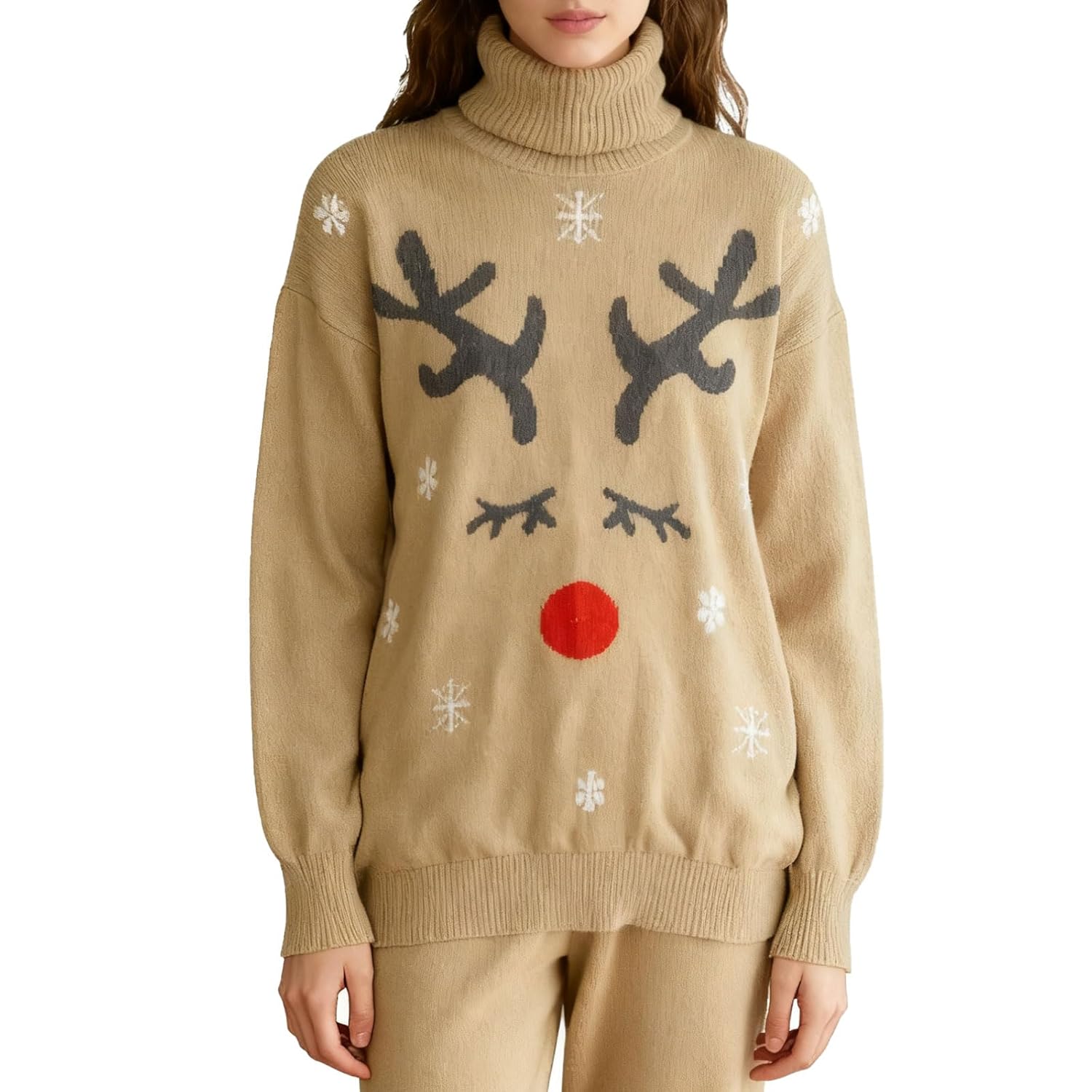 Festive Holiday Turtleneck Sweater with Reindeer Design Snowflake Pattern Long Sleeve Knit Pullover for Women