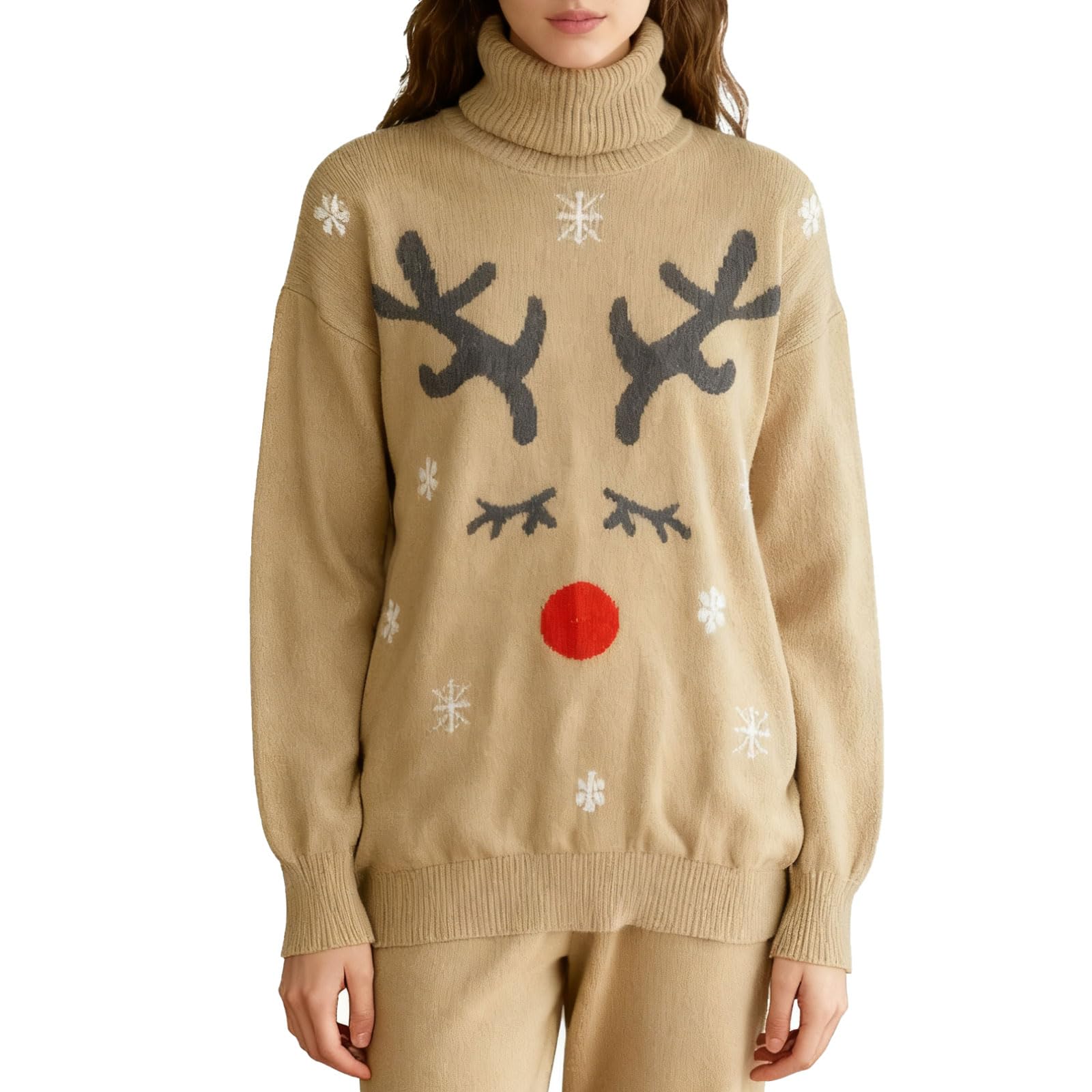 Festive Holiday Turtleneck Sweater with Reindeer Design Snowflake Pattern Long Sleeve Knit Pullover for Women