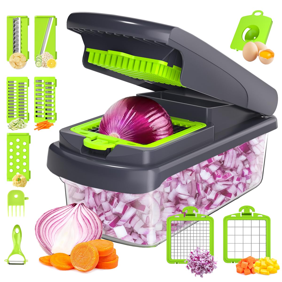 Greenish Gray 15 in 1 Vegetable Chopper - Multifunctional Food Chopper & Veggie Chopper for Kitchen & Dining Room - Perfect for Vegetables, Potatoes, Carrots, and Garlic