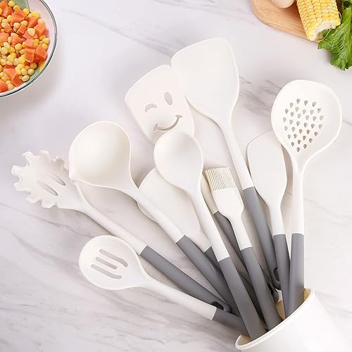 Miniatura 7 de YSTKC Juego de utensilios de cocina, 11 piezas de utensilios de cocina de silicona con soporte, mango ergonómico de madera, antiadherente,