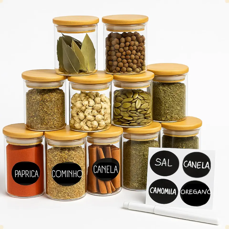 Pote de Vidro Hermetico Tampa Bambu Porta Temperos Bambu Potes Para Temperos Pote de Vidro Para Tempero 10un