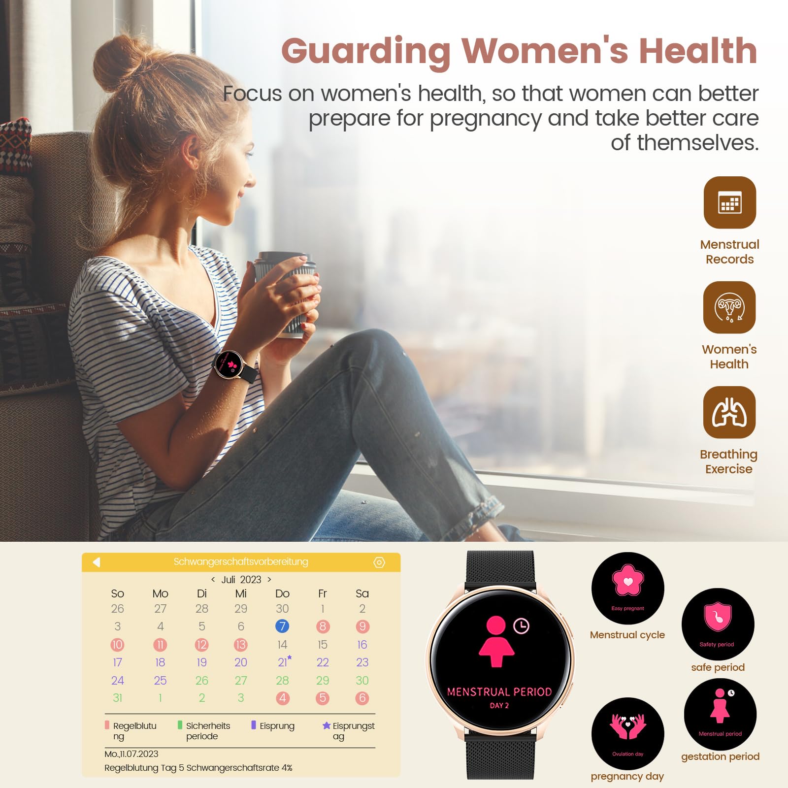 RifePhi Smartwatch Donna 2025-1.39'' Bluetooth Chiamate Dirette, Impermeabile IP68, Tracker Salute 24H (SpO2/Ciclo Mestruale/Sonno Profondo), Compatibile con Android iOS